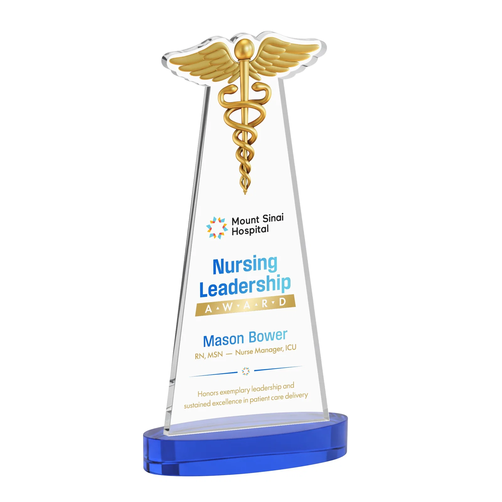 Customized Starfire Crystal Caduceus Award with Sleek Tapered Design for employee recognition