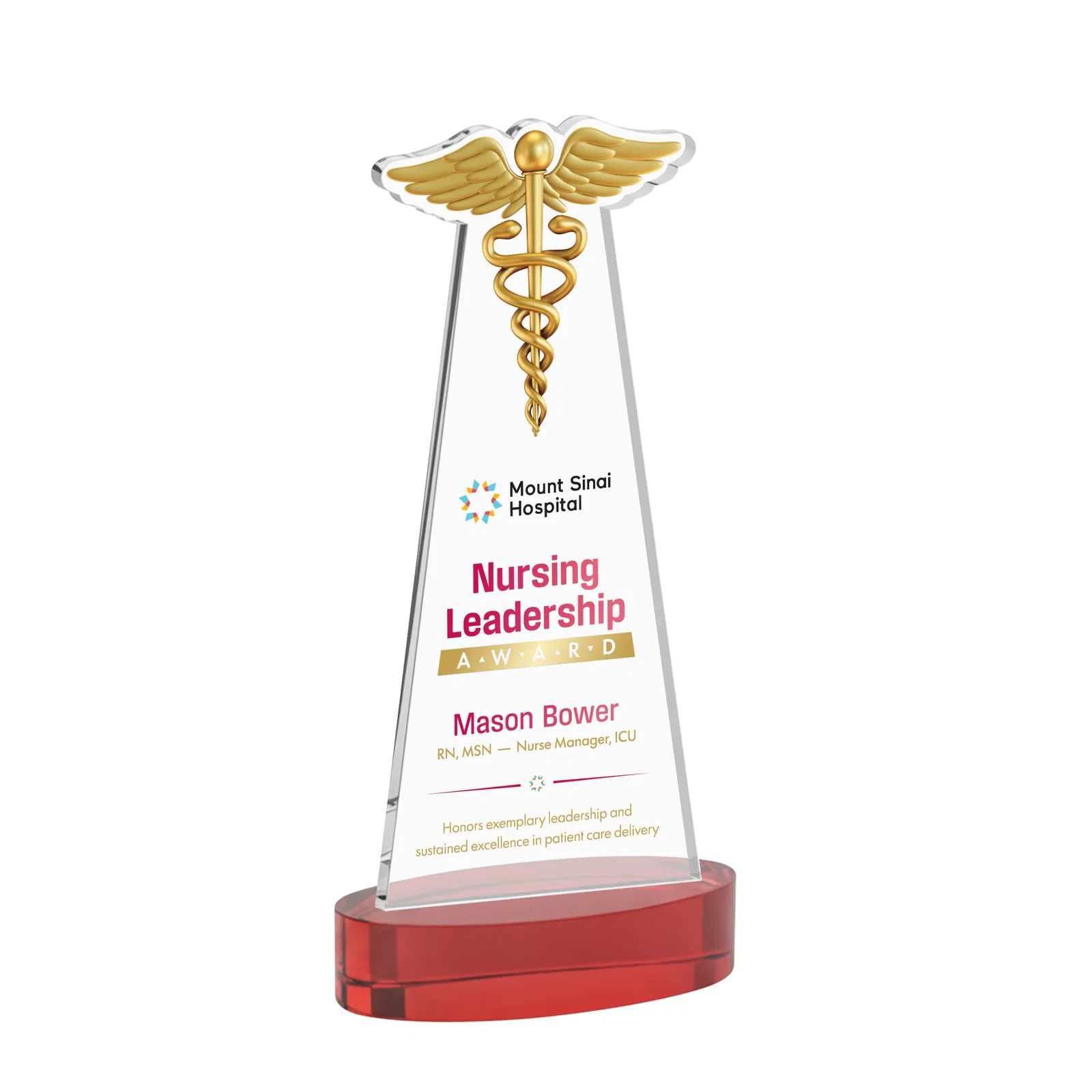 Customized Starfire Crystal Caduceus Award with Sleek Tapered Design for service anniversary gifts