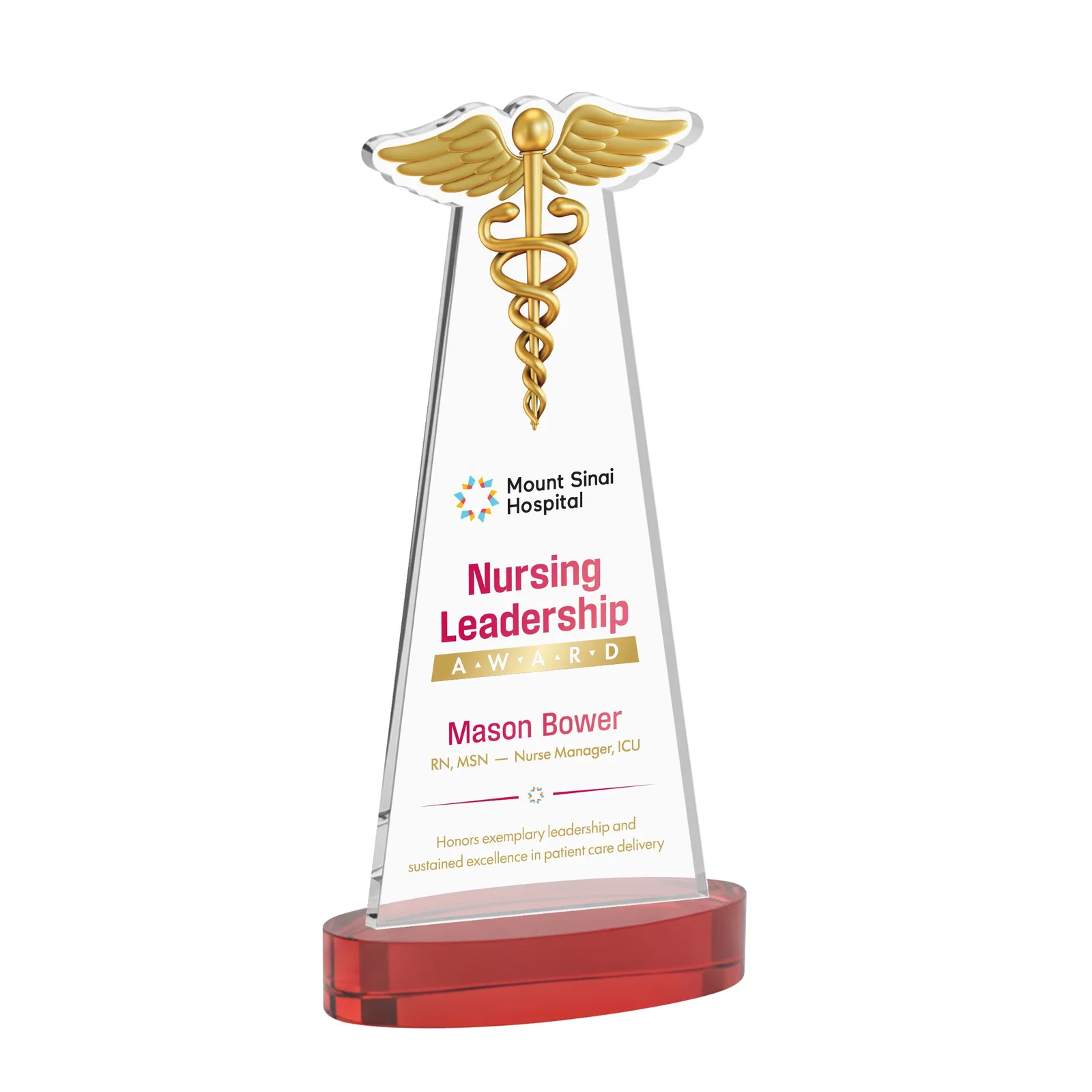 Customized Starfire Crystal Caduceus Award with Sleek Tapered Design for sales achievement awards