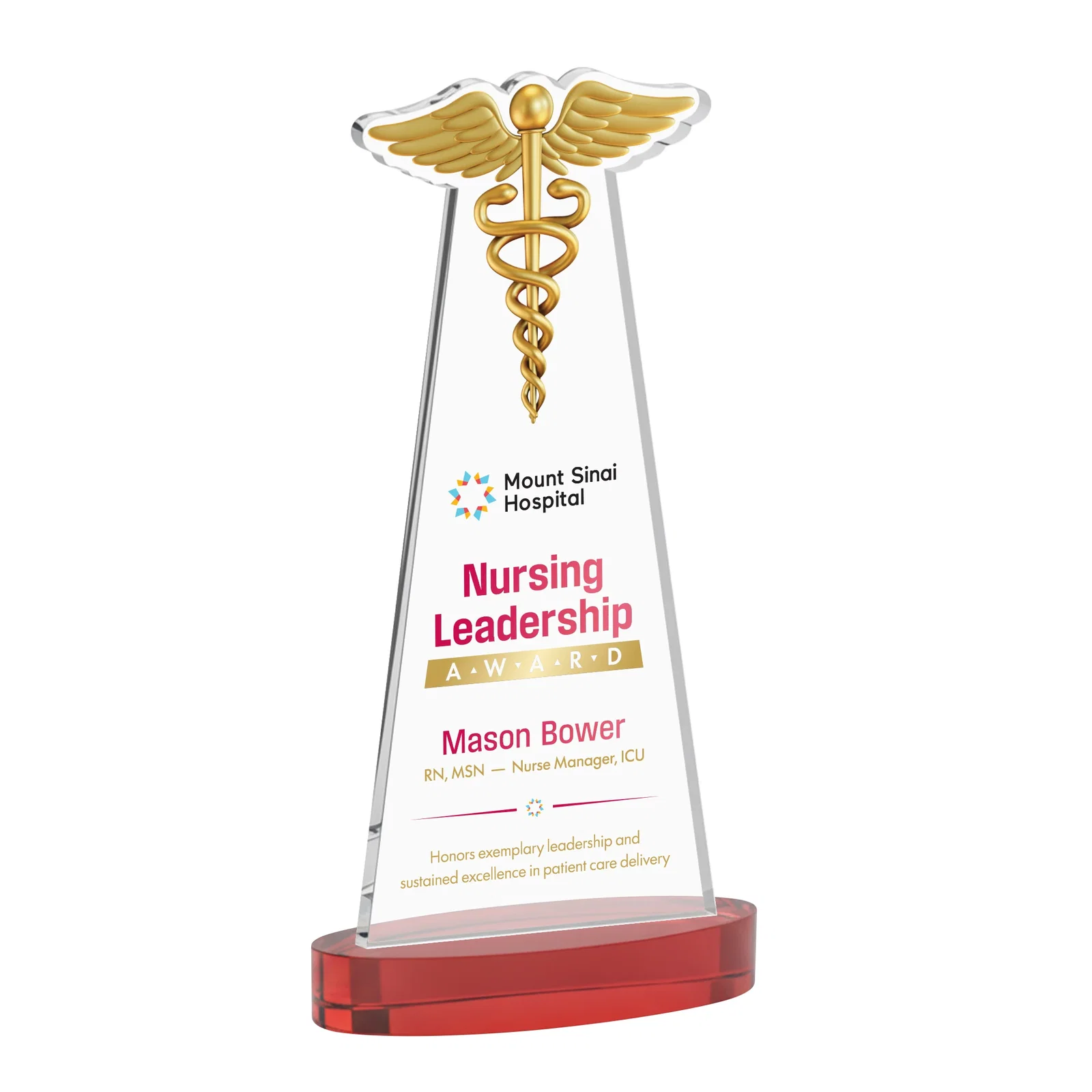 Customized Starfire Crystal Caduceus Award with Sleek Tapered Design for retirement presentations