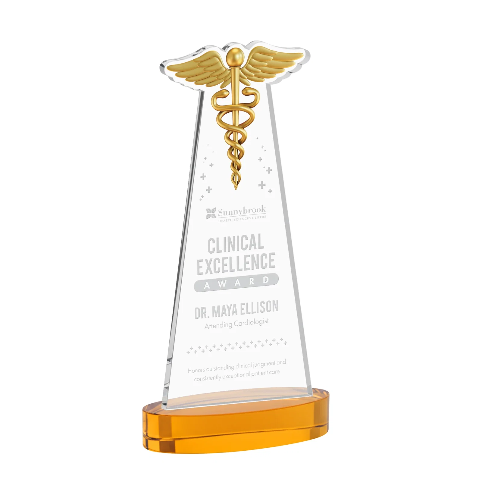 Custom Starfire Crystal Caduceus Award with Sleek Tapered Design for graduation ceremonies