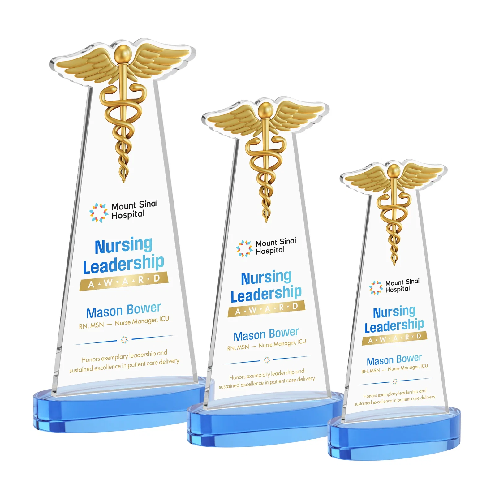 Customized Starfire Crystal Caduceus Award with Sleek Tapered Design for team milestone celebrations