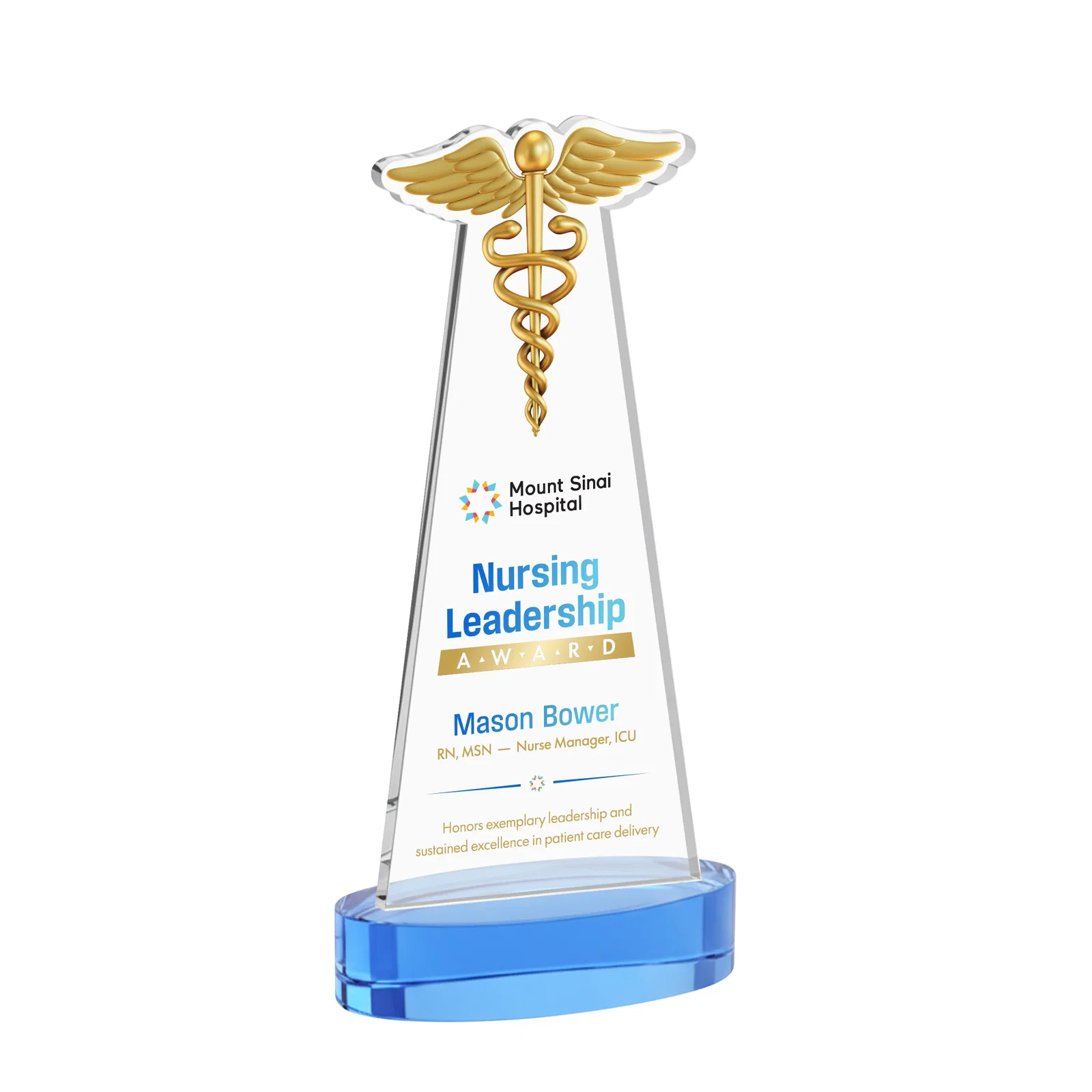 Customized Starfire Crystal Caduceus Award with Sleek Tapered Design for donor appreciation