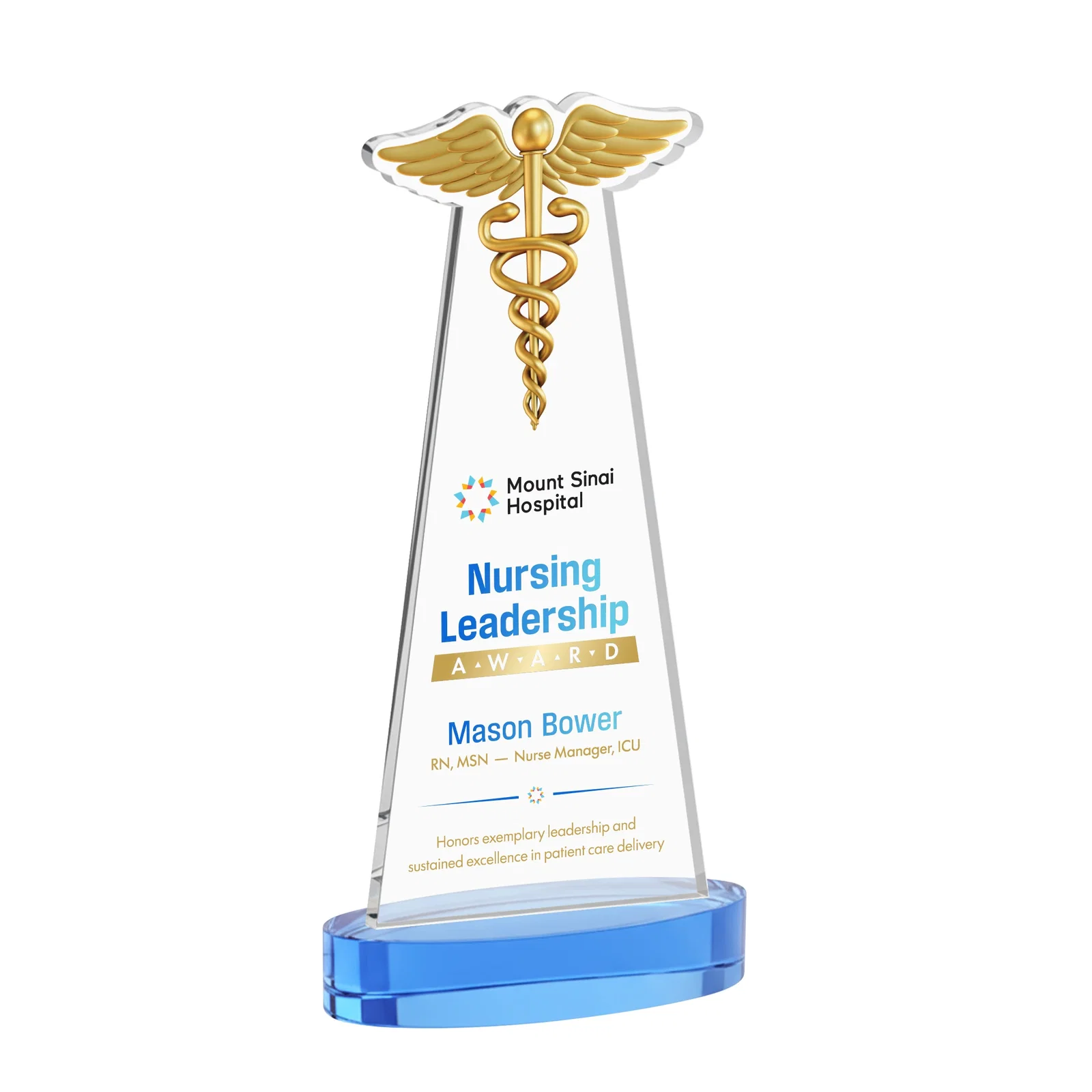 Customized Starfire Crystal Caduceus Award with Sleek Tapered Design for graduation ceremonies