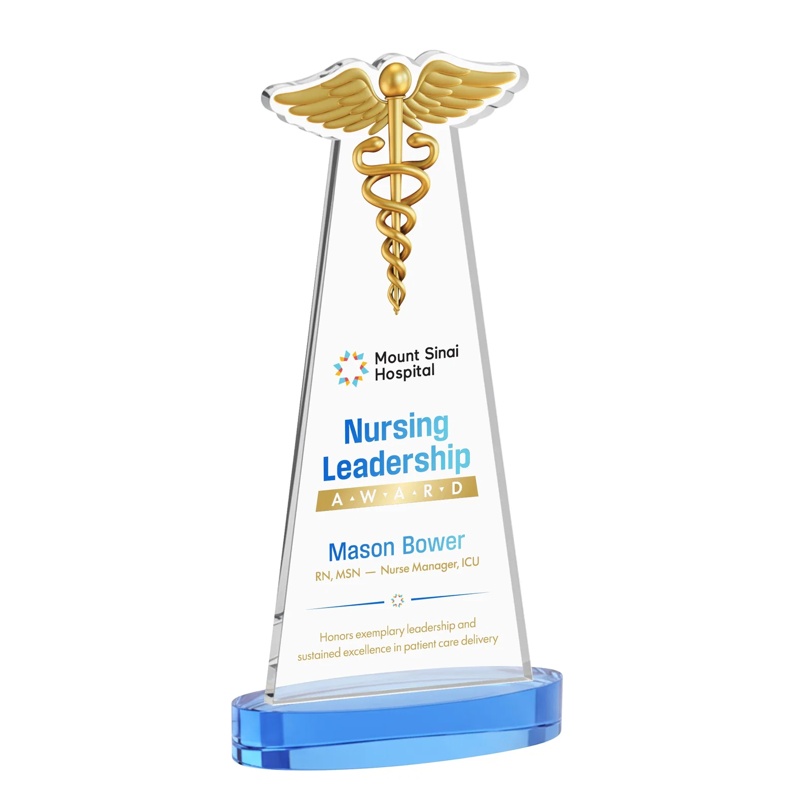 Customized Starfire Crystal Caduceus Award with Sleek Tapered Design for safety achievement programs