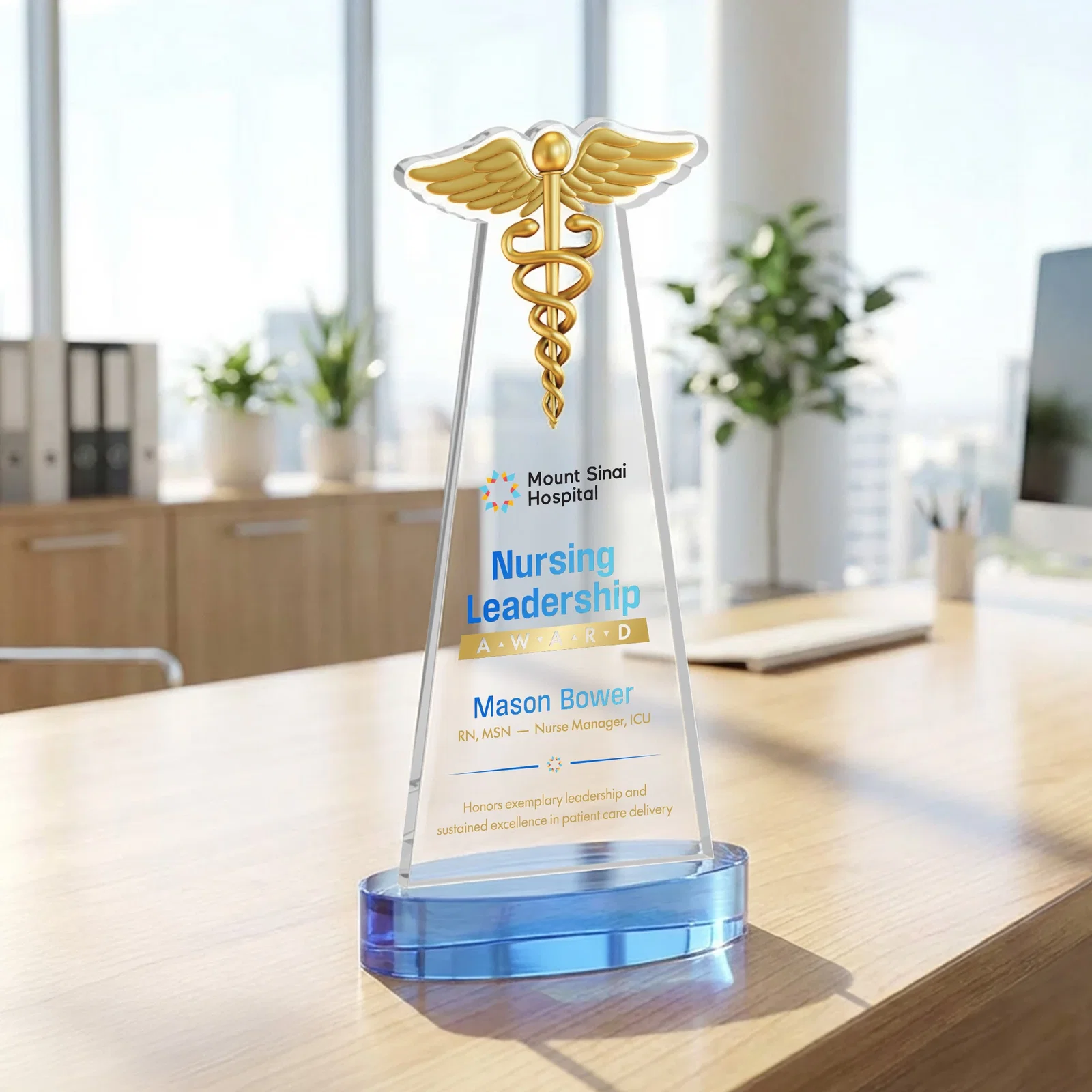 Customized Starfire Crystal Caduceus Award with Sleek Tapered Design for volunteer appreciation
