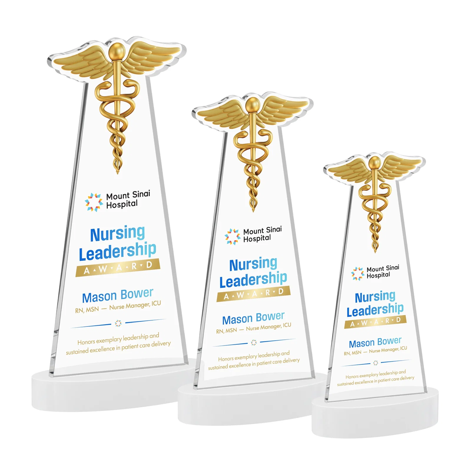 Customized Starfire Crystal Caduceus Award with Sleek Tapered Design for dealer and partner awards