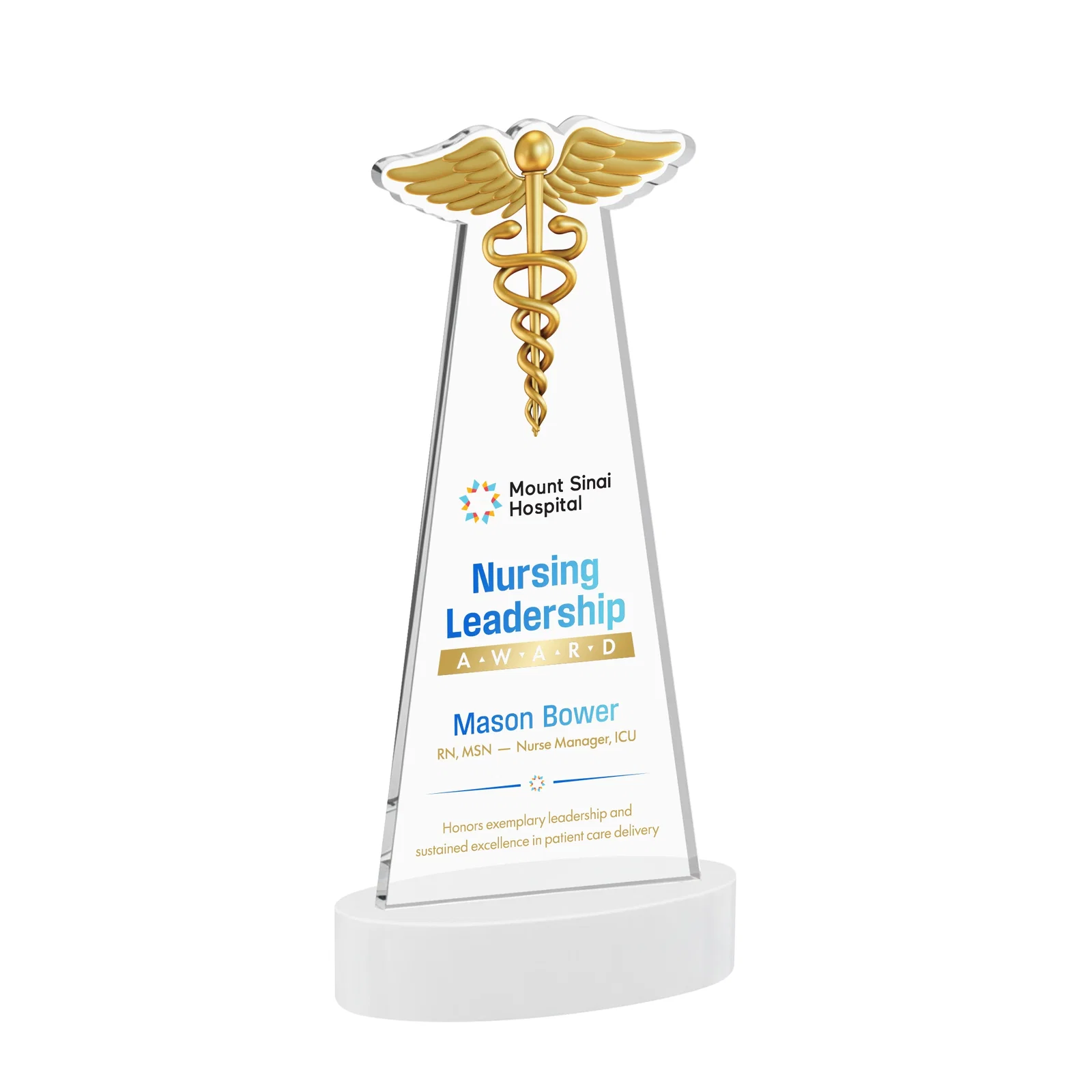 Customized Starfire Crystal Caduceus Award with Sleek Tapered Design for company anniversary events