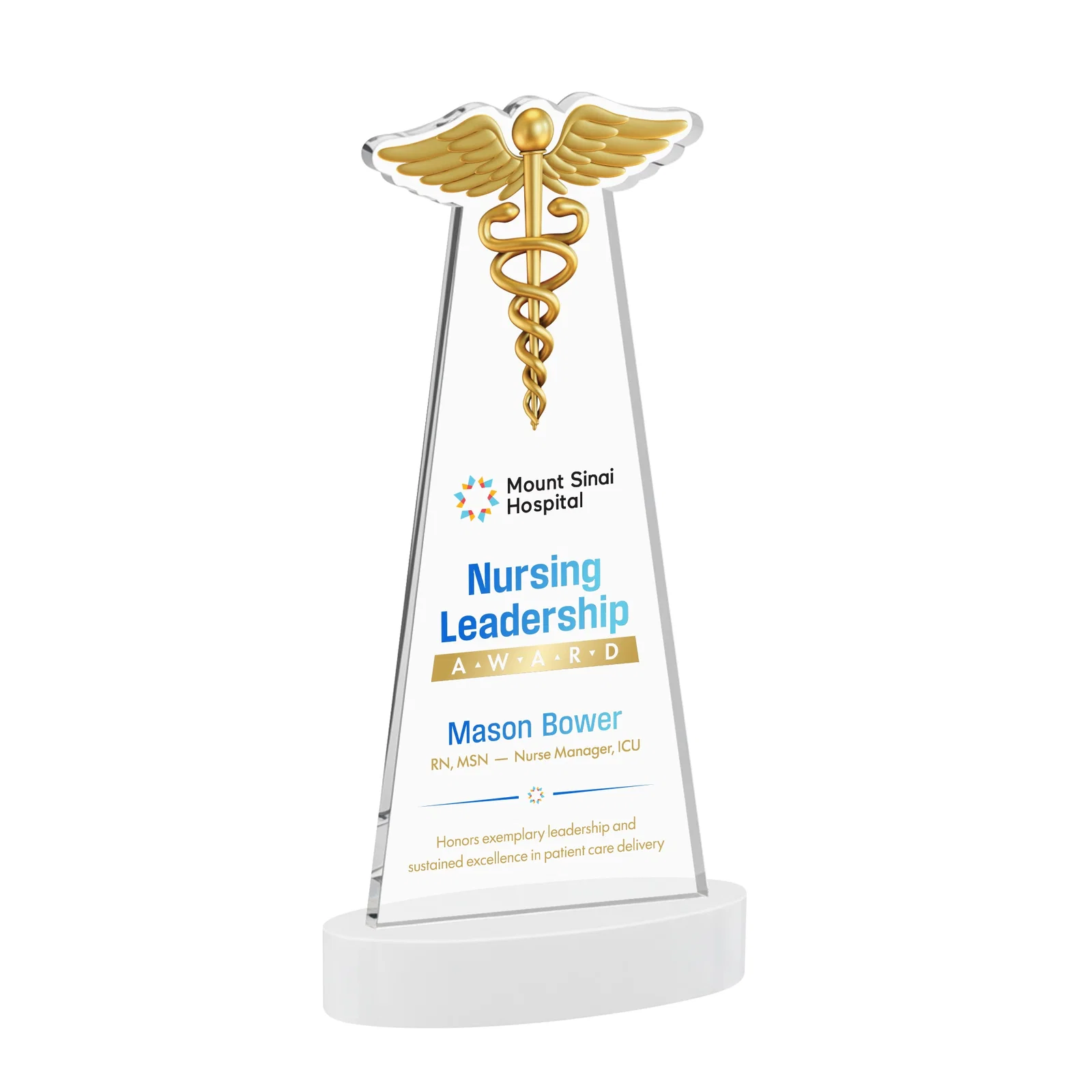 Custom engraved Starfire Crystal Caduceus Award with Sleek Tapered Design for employee recognition