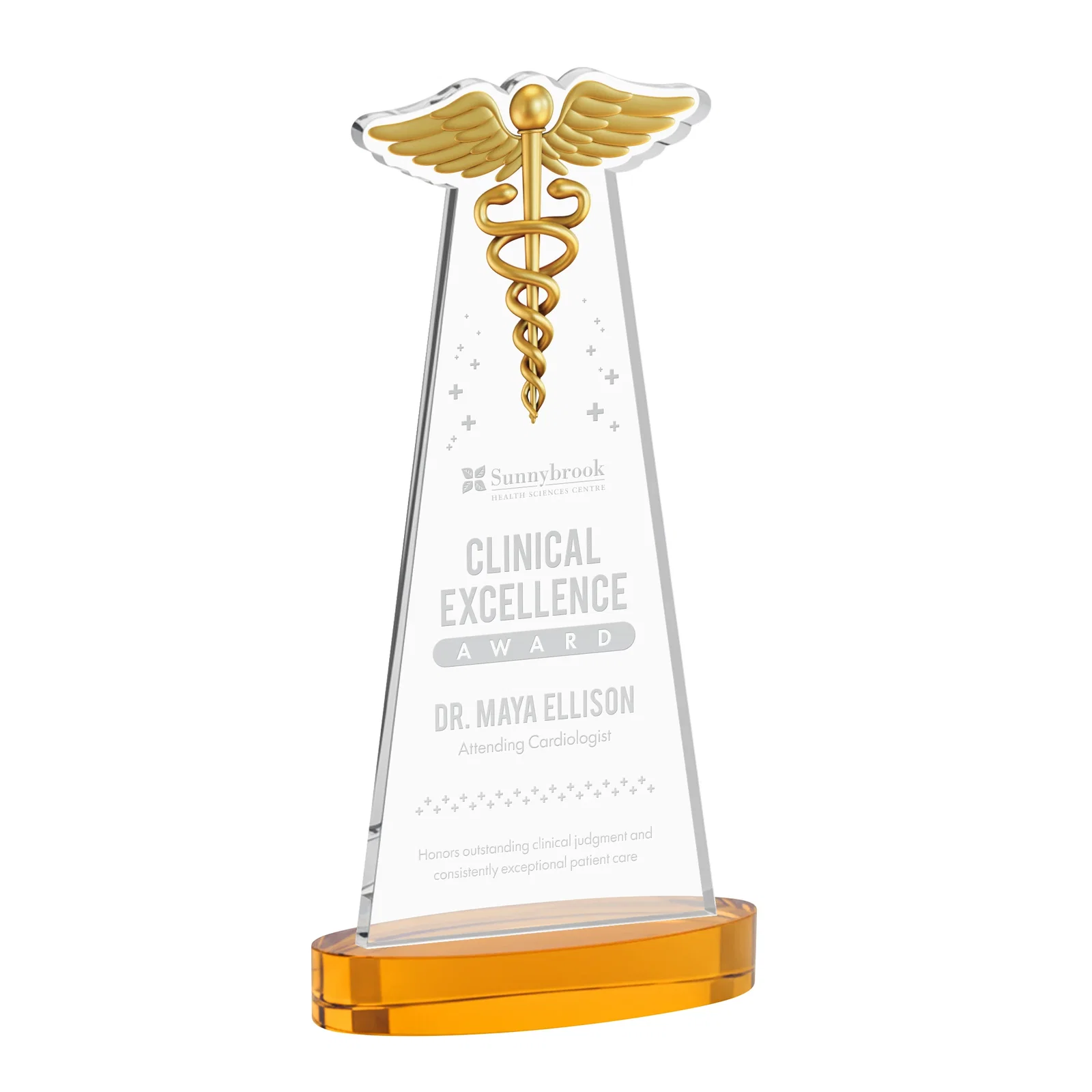 Custom Starfire Crystal Caduceus Award with Sleek Tapered Design for safety achievement programs