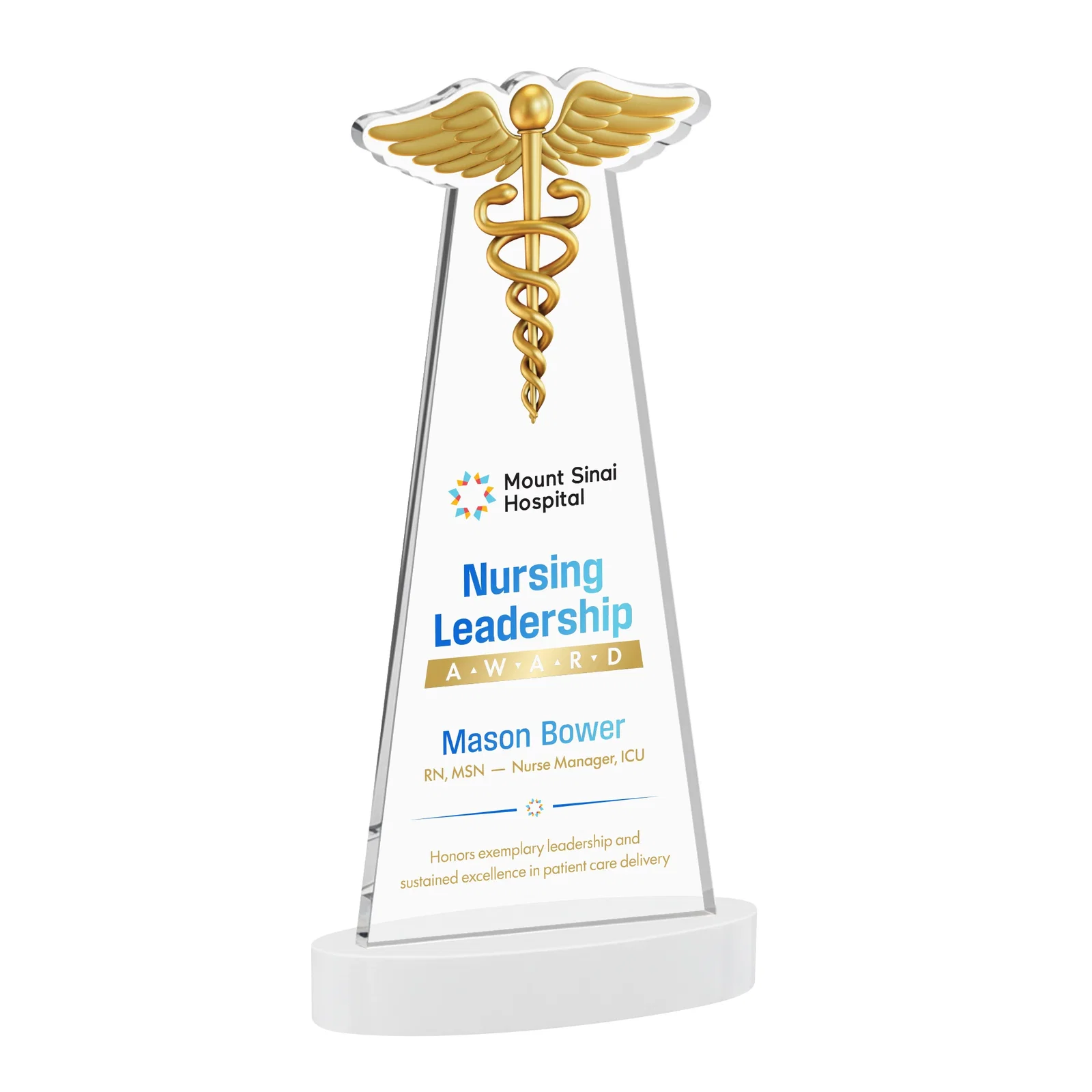 Custom engraved Starfire Crystal Caduceus Award with Sleek Tapered Design for corporate award ceremonies