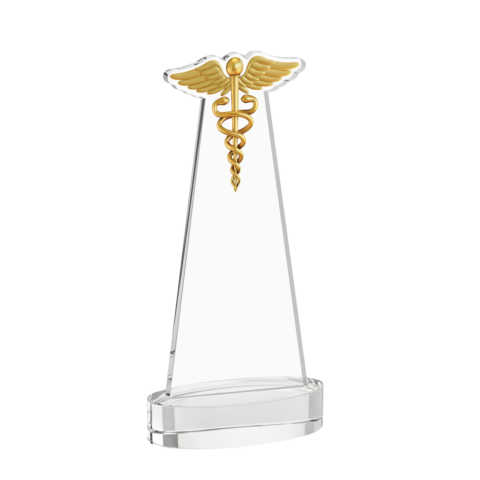 Custom engraved Starfire Crystal Caduceus Award with Sleek Tapered Design for service anniversary gifts