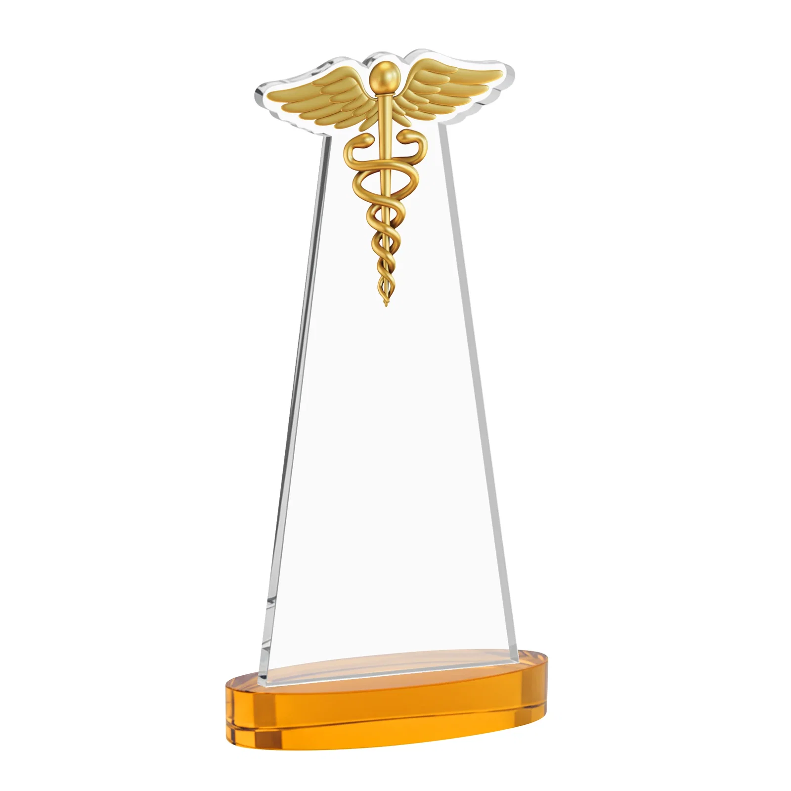 Custom engraved Starfire Crystal Caduceus Award with Sleek Tapered Design for graduation ceremonies