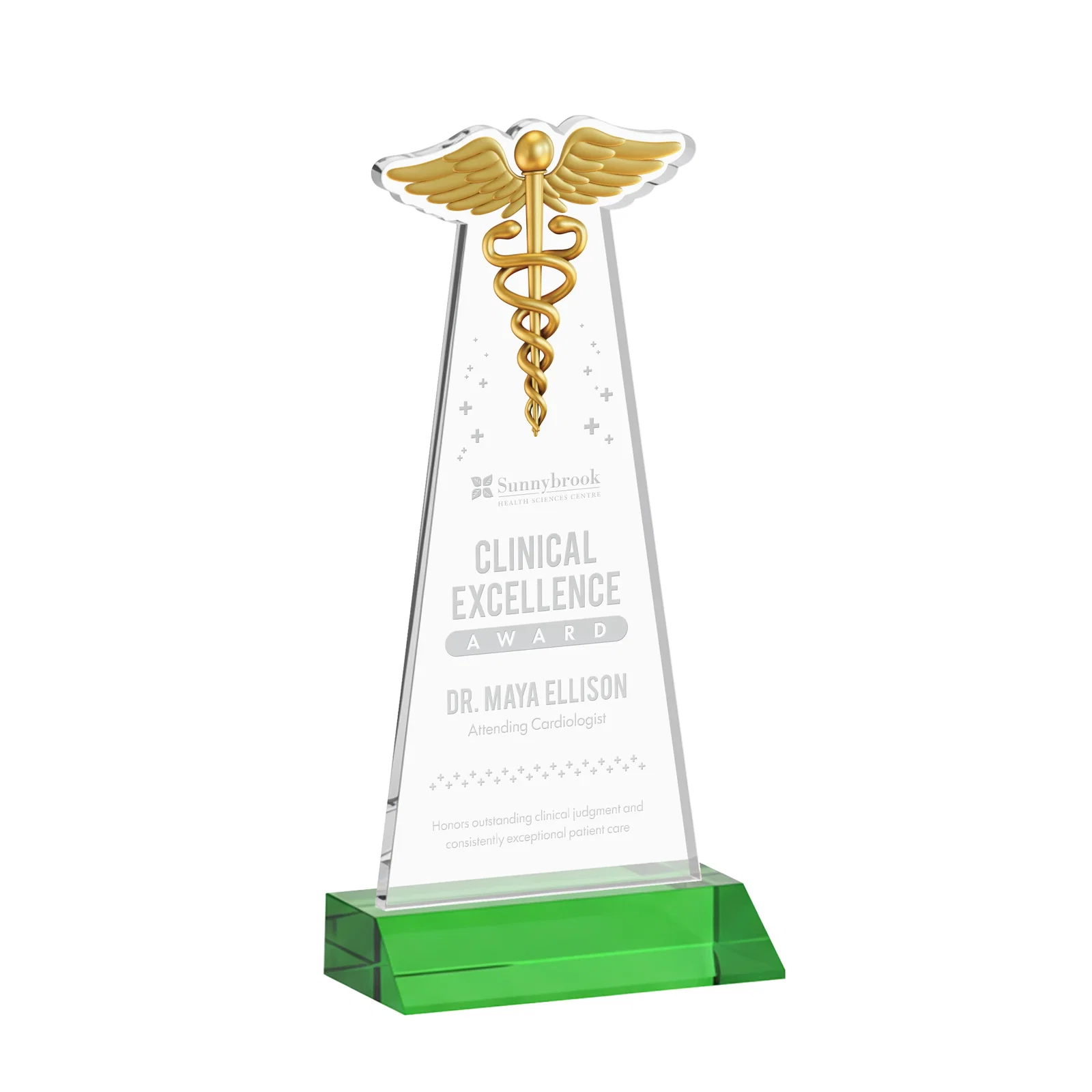 Custom Starfire Crystal Caduceus Award for dealer and partner awards