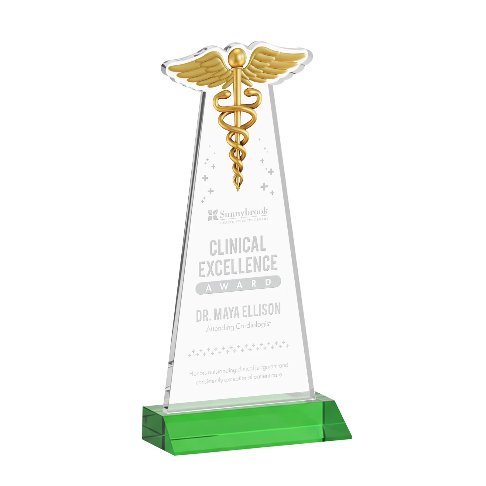 Custom Starfire Crystal Caduceus Award for company anniversary events