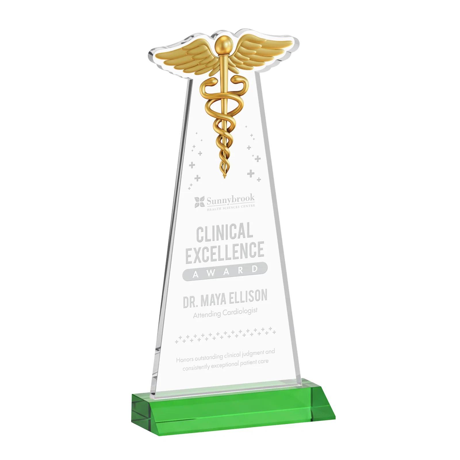 Personalized Starfire Crystal Caduceus Award for employee recognition