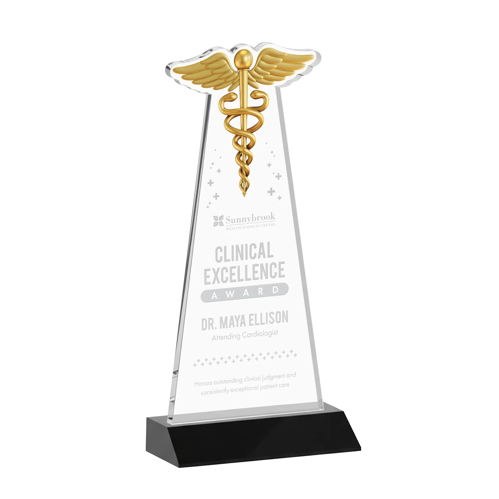 Personalized Starfire Crystal Caduceus Award for sales achievement awards