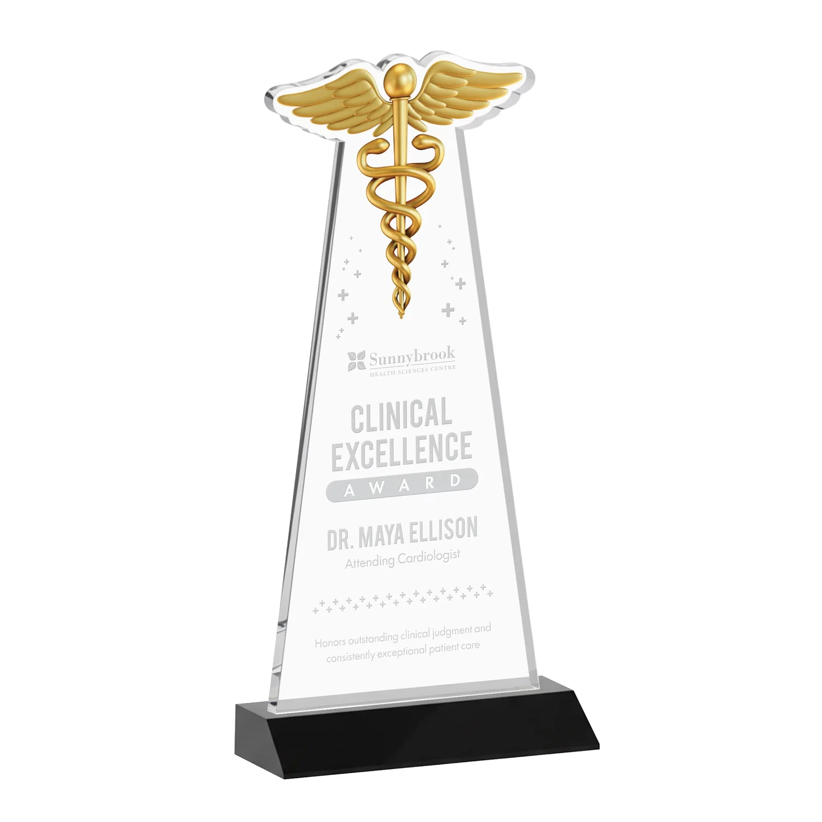 Personalized Starfire Crystal Caduceus Award for retirement presentations