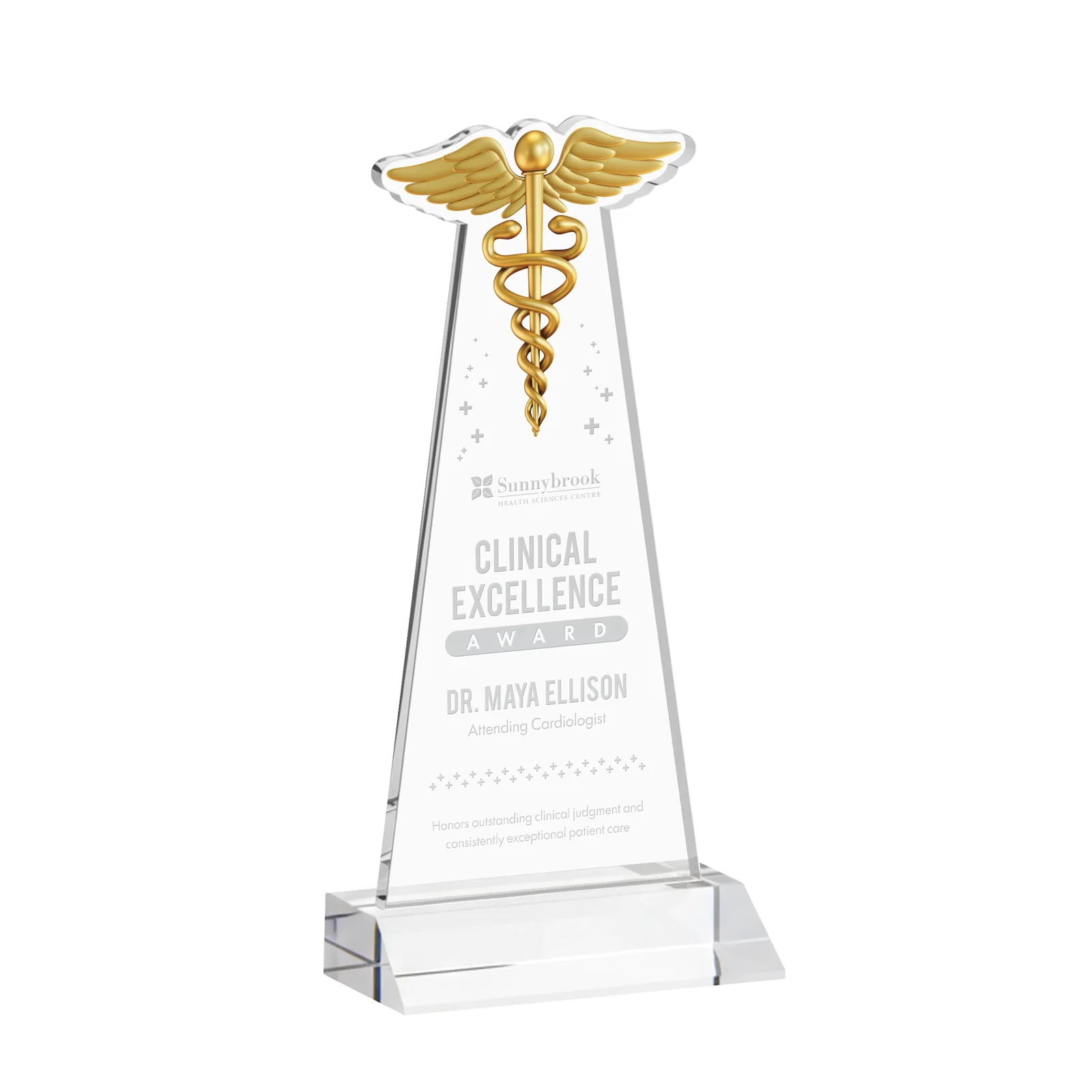 Custom Starfire Crystal Caduceus Award for corporate award ceremonies