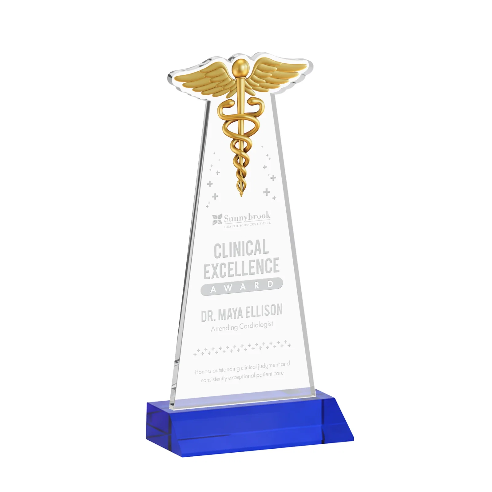 Personalized Starfire Crystal Caduceus Award for donor appreciation