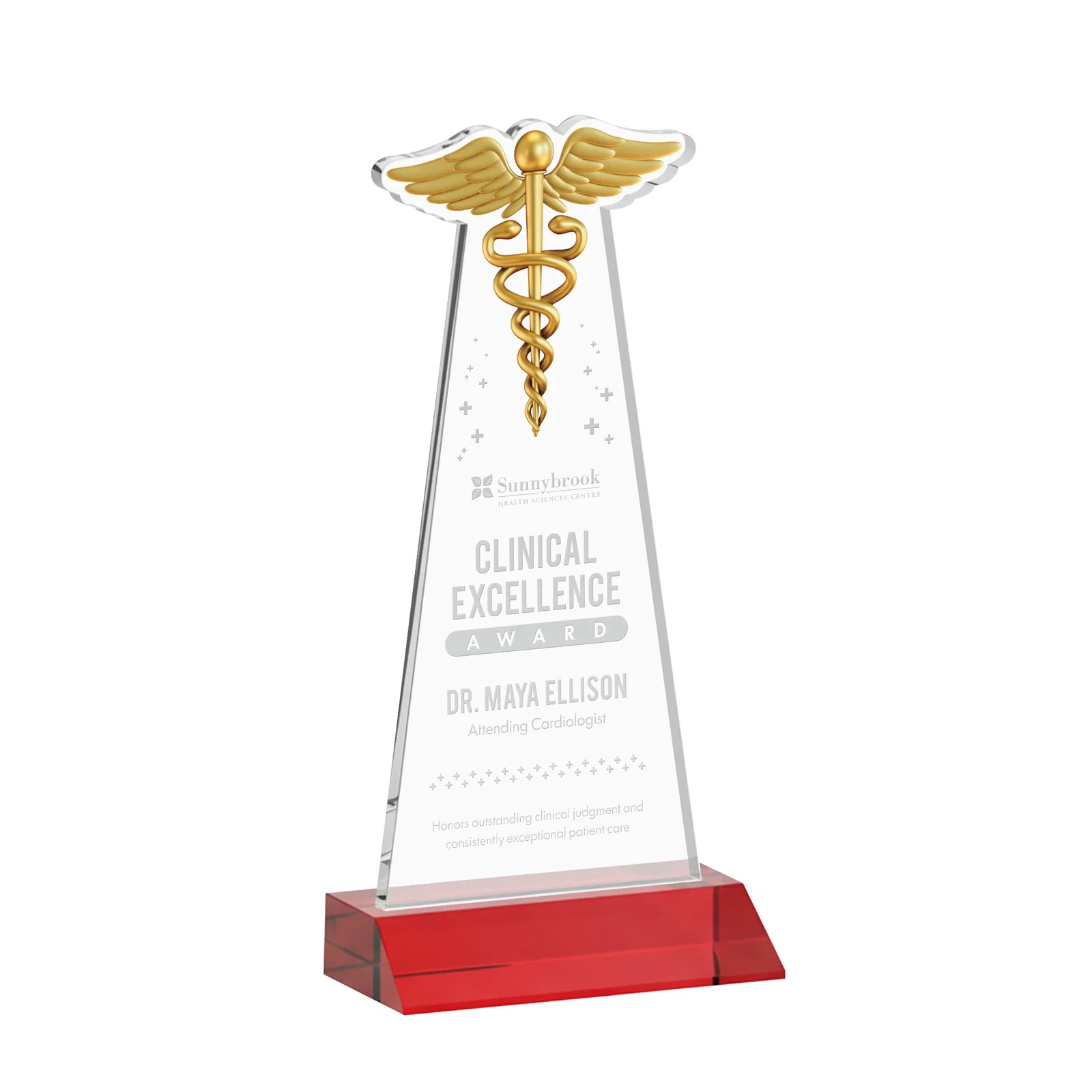 Personalized Starfire Crystal Caduceus Award for dealer and partner awards