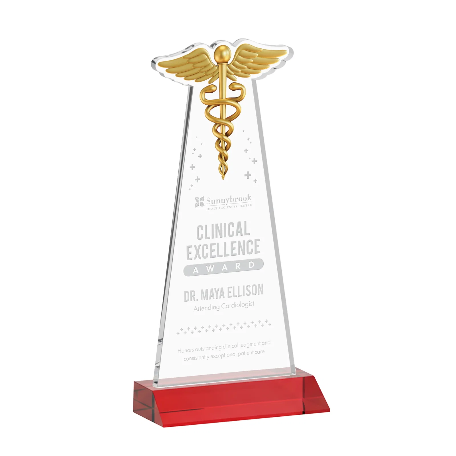 Personalized Starfire Crystal Caduceus Award for company anniversary events