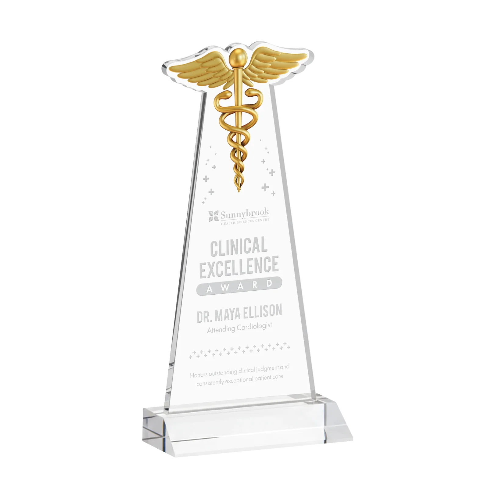 Custom Starfire Crystal Caduceus Award for service anniversary gifts