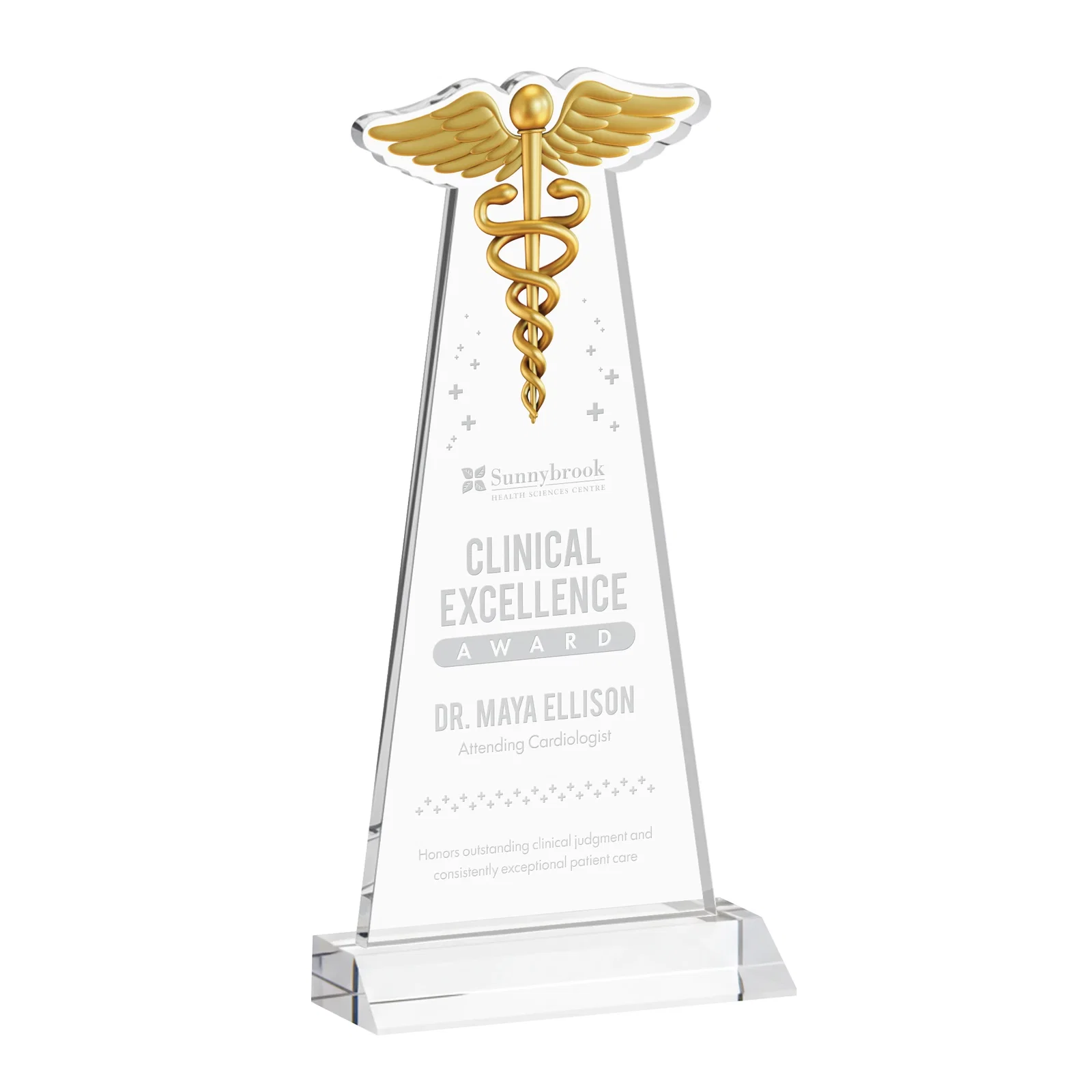 Custom Starfire Crystal Caduceus Award for sales achievement awards