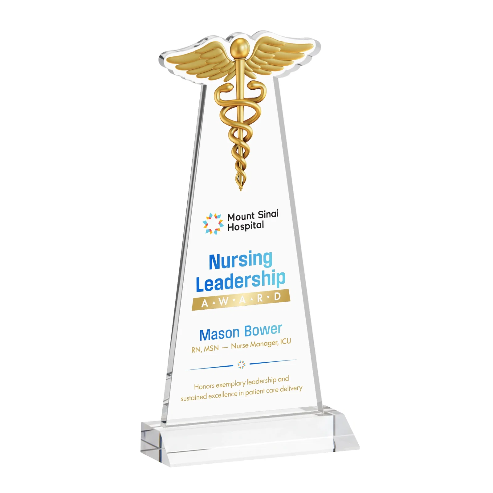 Branded Starfire Crystal Caduceus Award for employee recognition