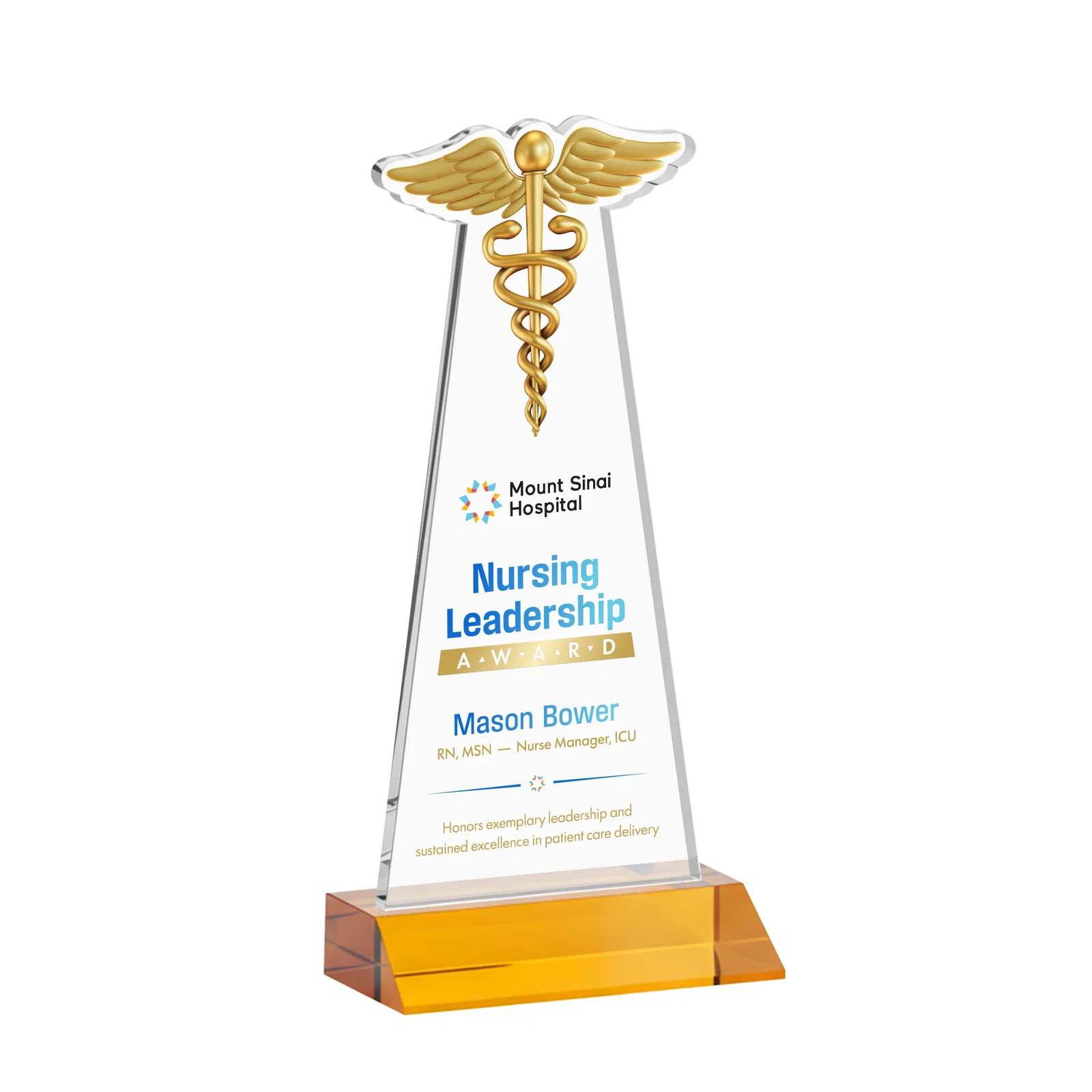 Branded Starfire Crystal Caduceus Award for service anniversary gifts