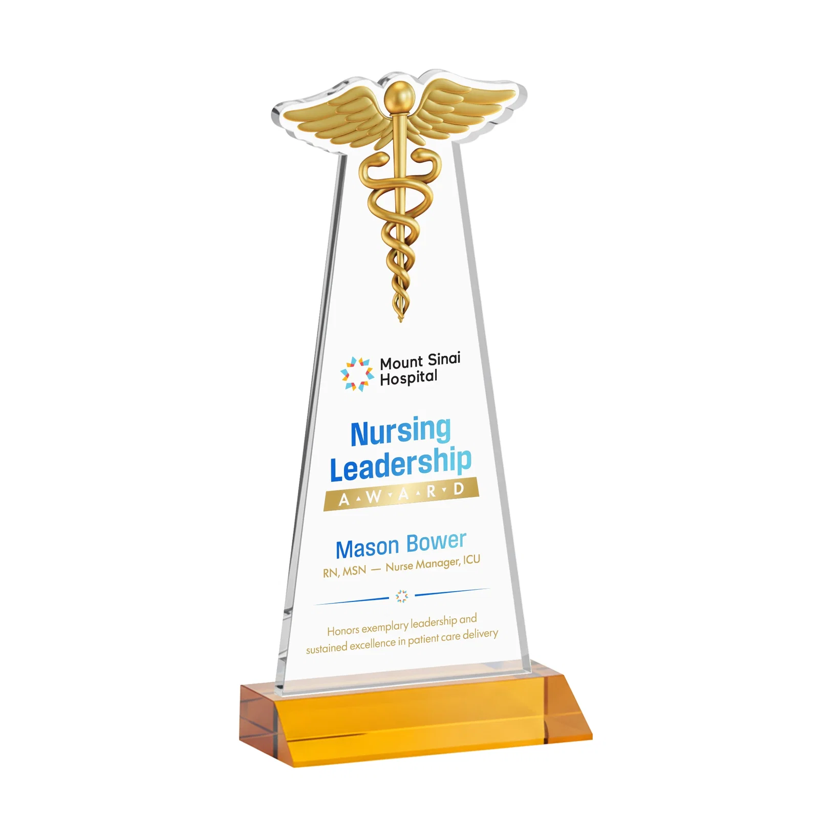 Branded Starfire Crystal Caduceus Award for sales achievement awards