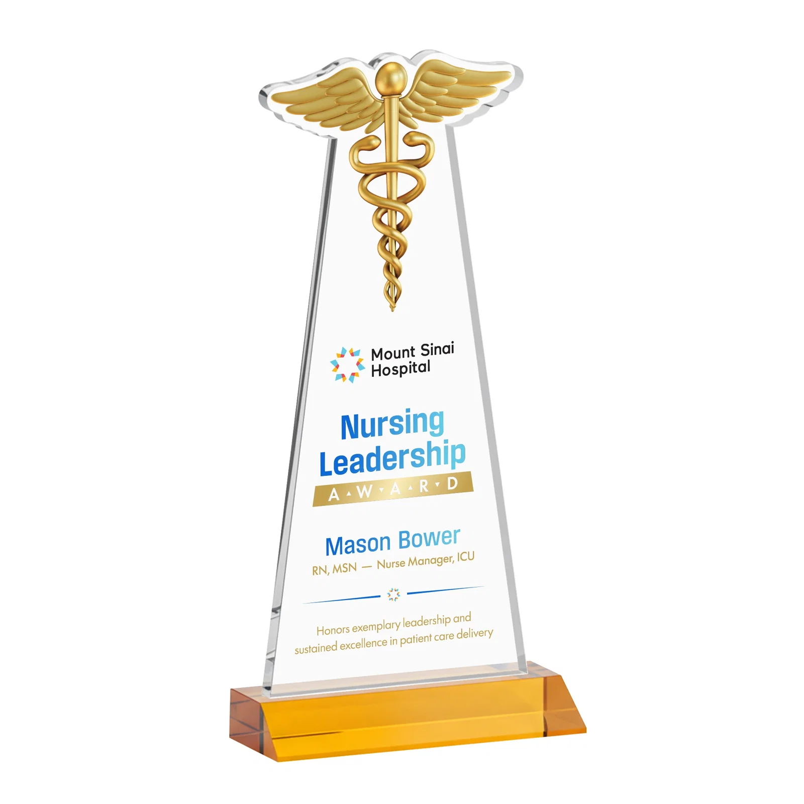 Branded Starfire Crystal Caduceus Award for retirement presentations