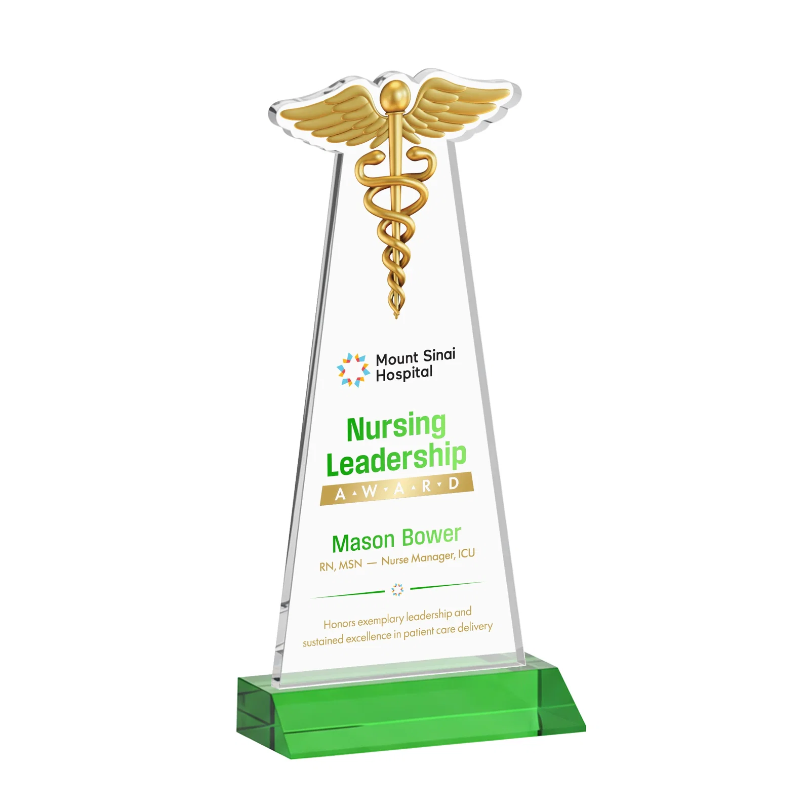 Branded Starfire Crystal Caduceus Award for graduation ceremonies