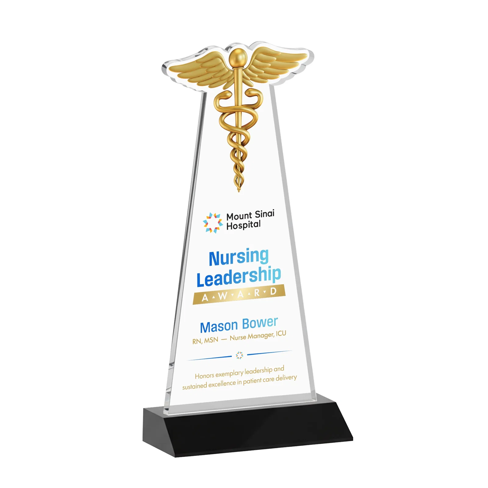 Branded Starfire Crystal Caduceus Award for company anniversary events