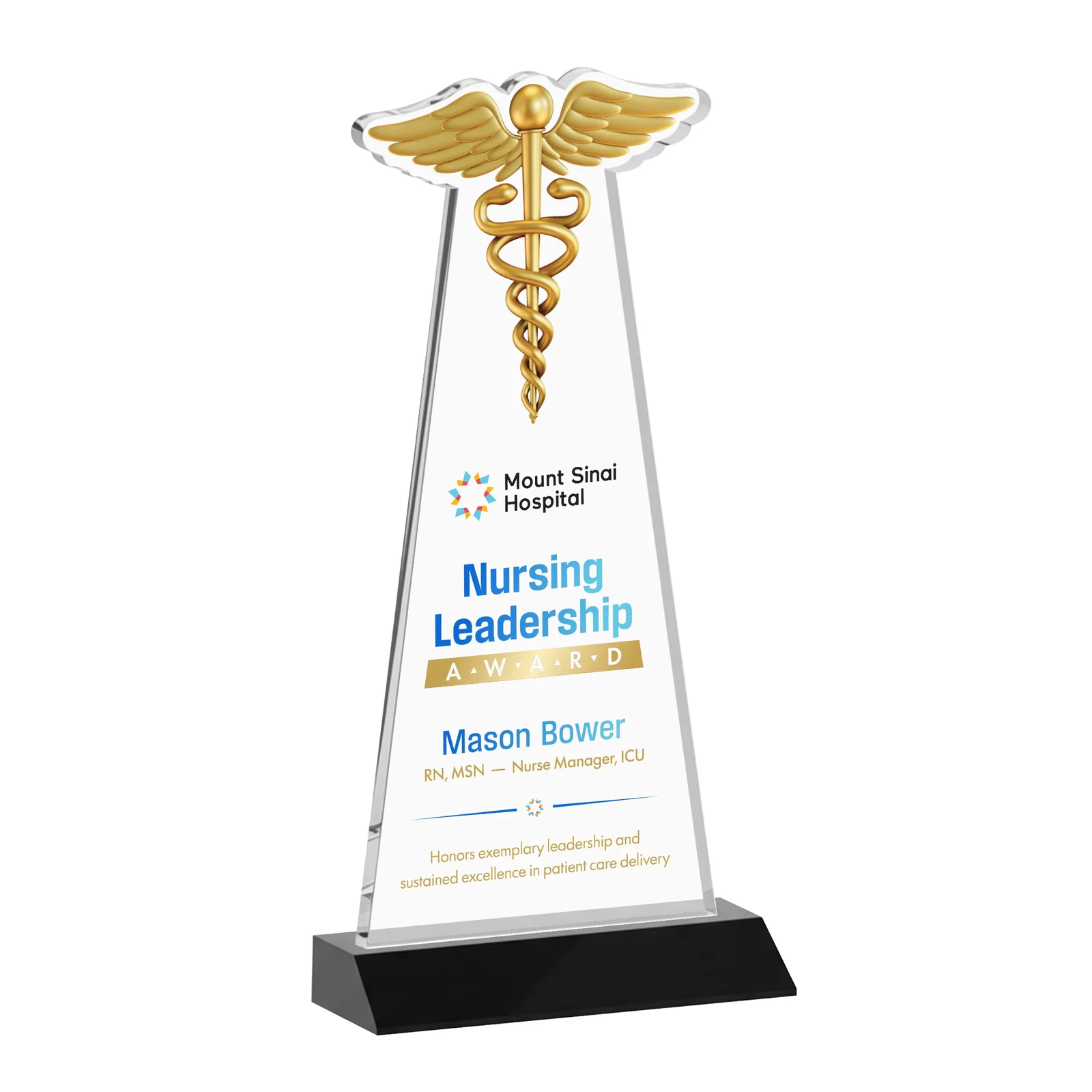 Custom printed Starfire Crystal Caduceus Award for employee recognition