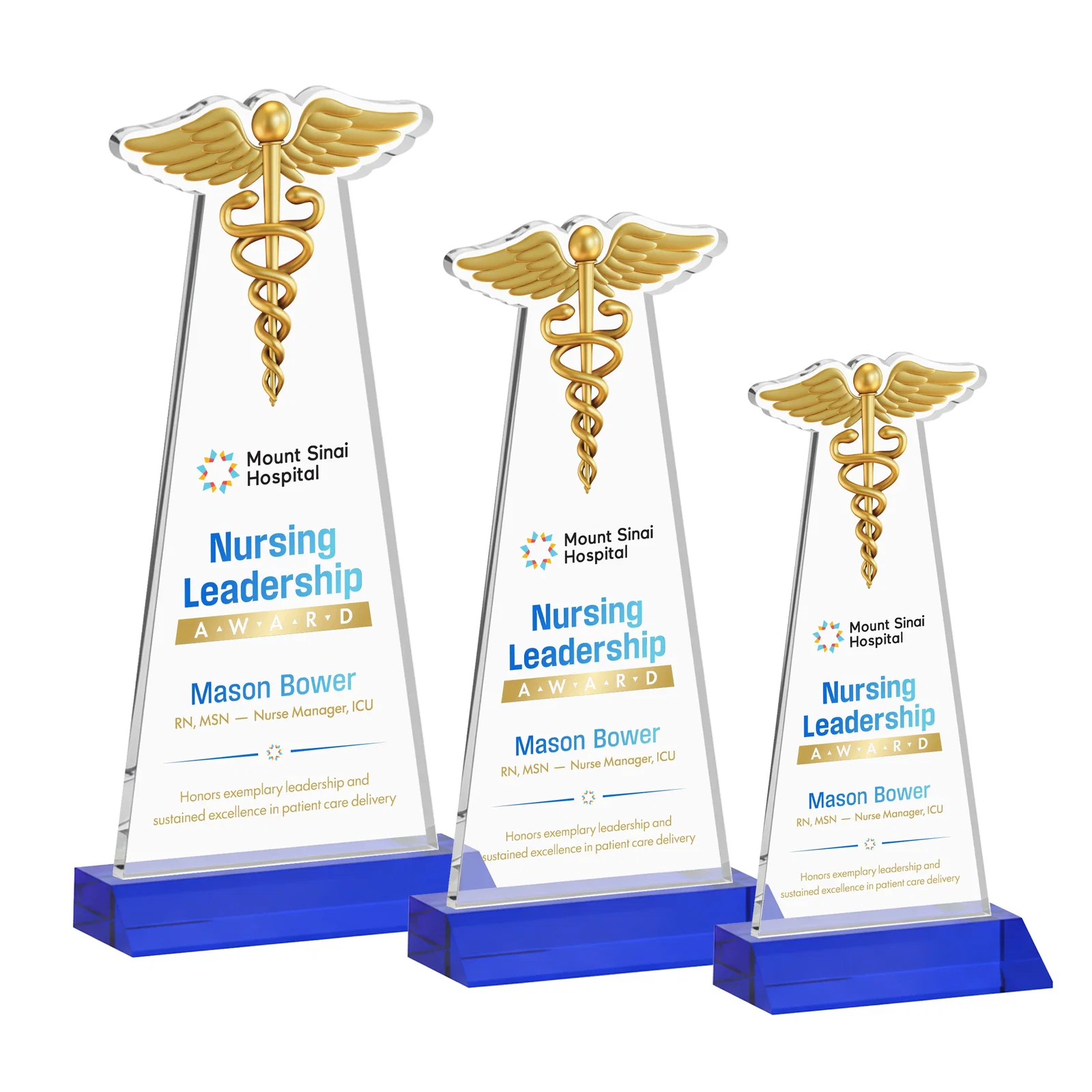 Custom printed Starfire Crystal Caduceus Award for corporate award ceremonies