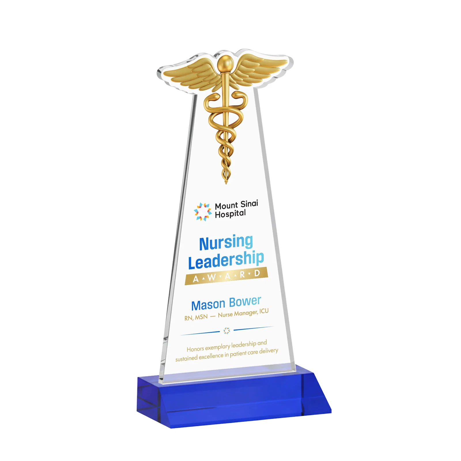 Custom printed Starfire Crystal Caduceus Award for service anniversary gifts