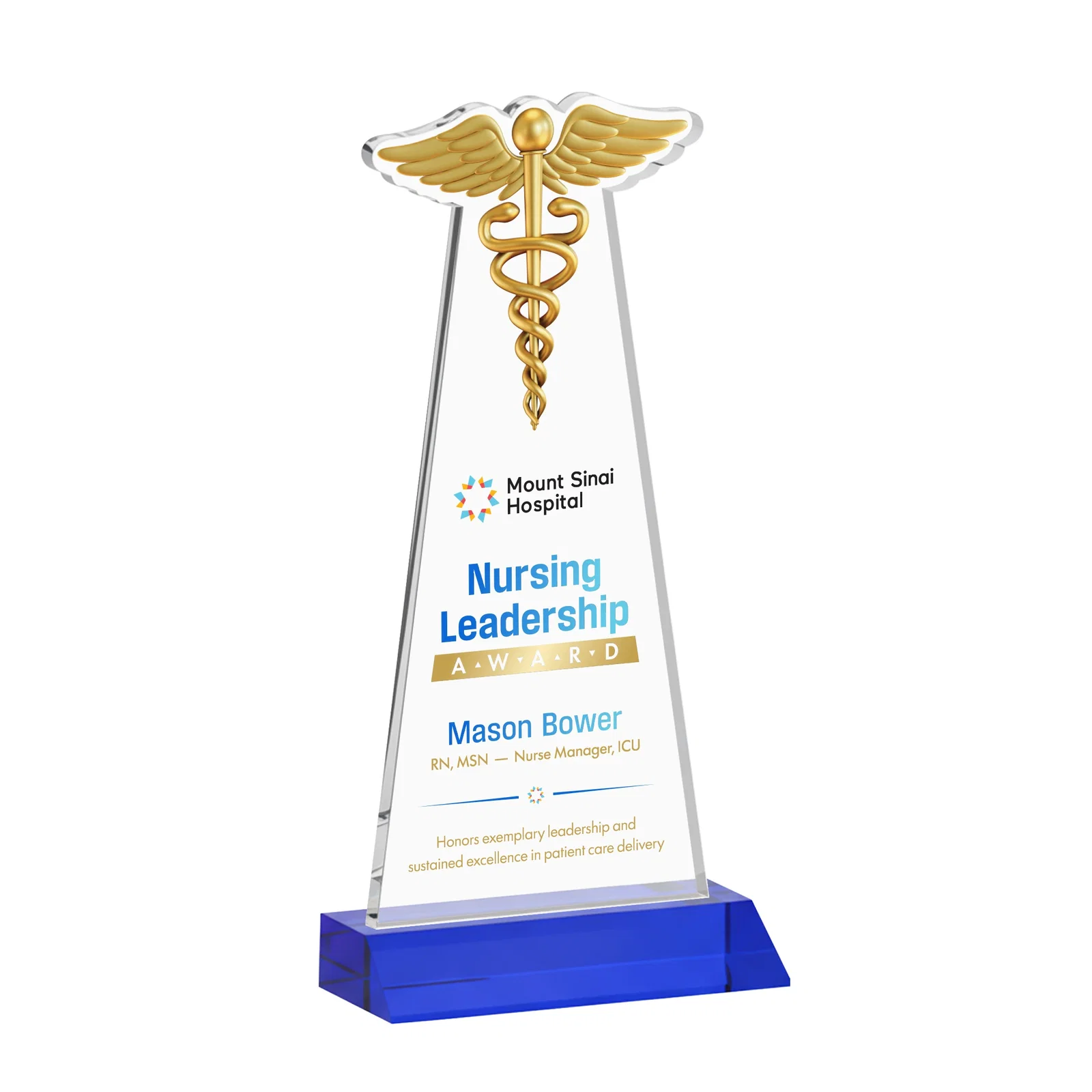 Custom printed Starfire Crystal Caduceus Award for sales achievement awards