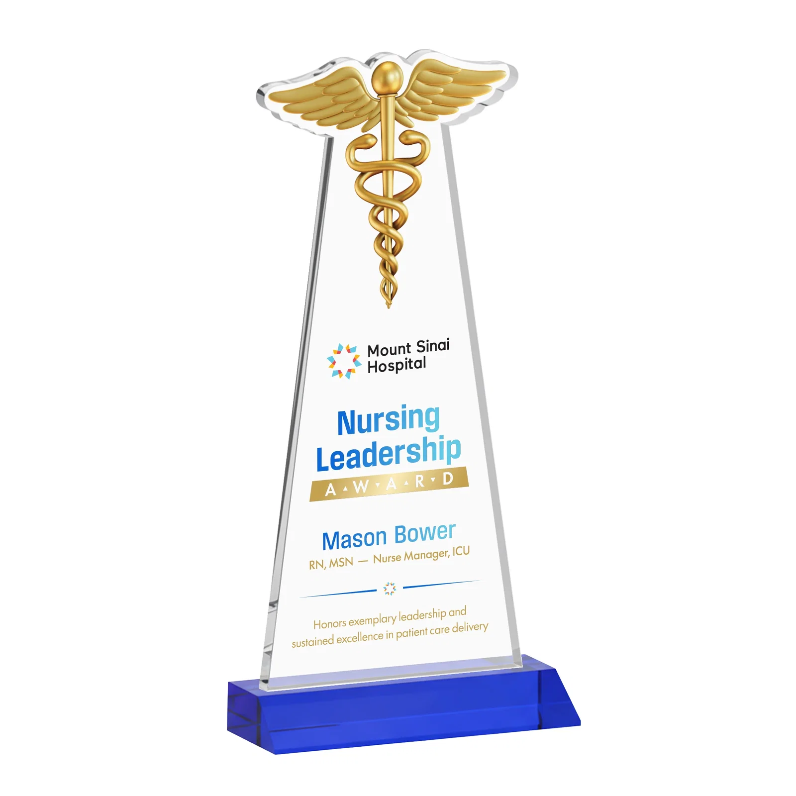 Custom printed Starfire Crystal Caduceus Award for retirement presentations