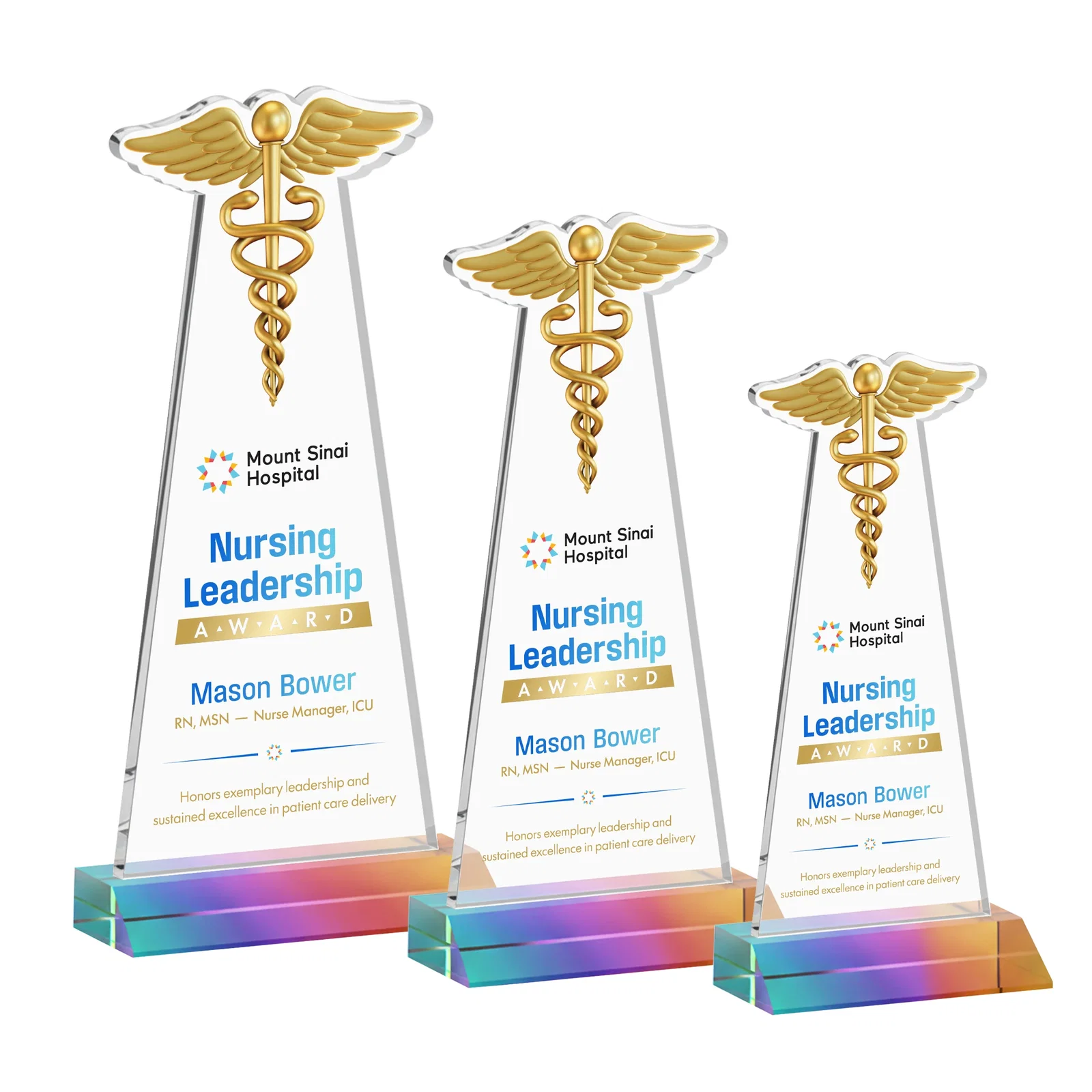 Custom printed Starfire Crystal Caduceus Award for team milestone celebrations