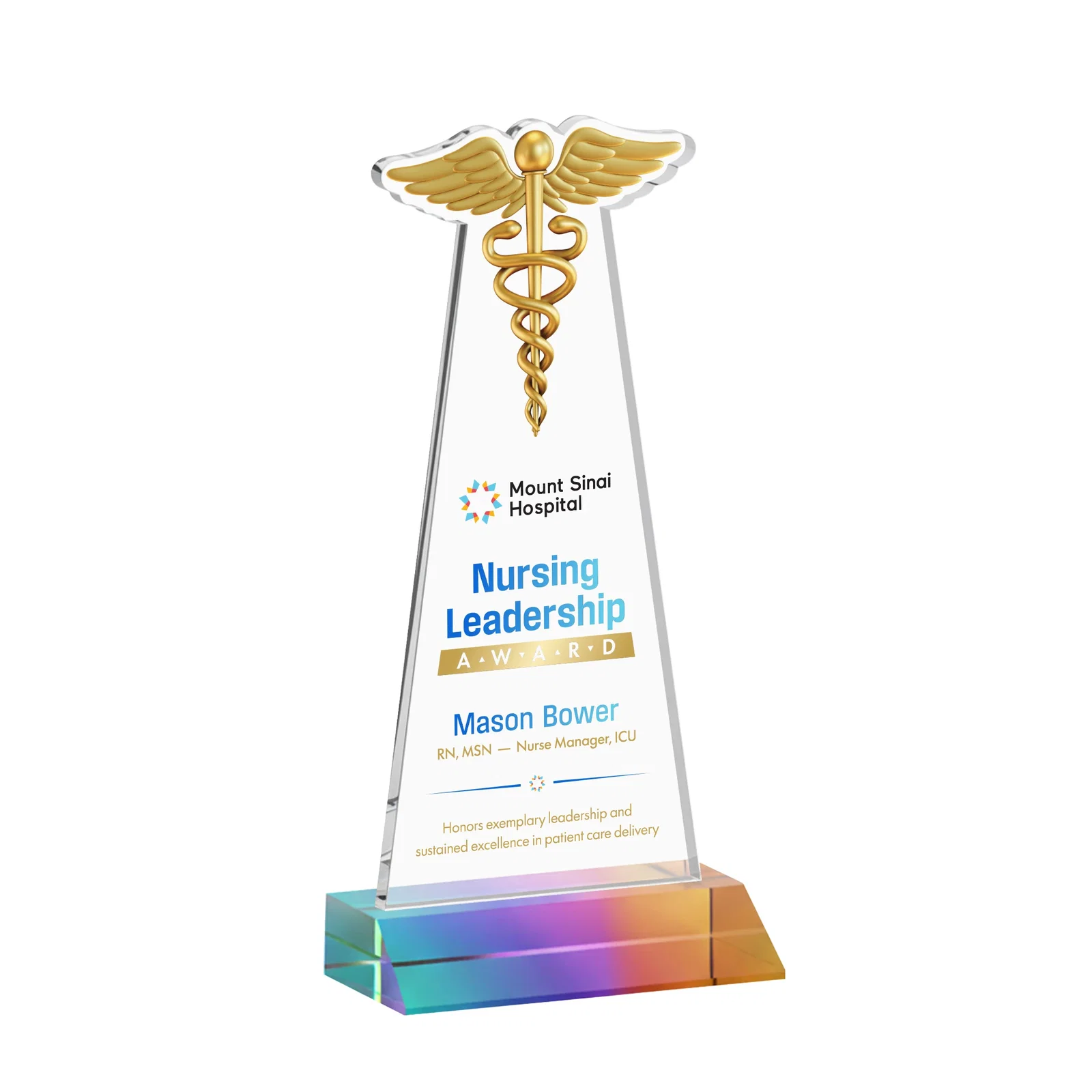 Custom printed Starfire Crystal Caduceus Award for donor appreciation