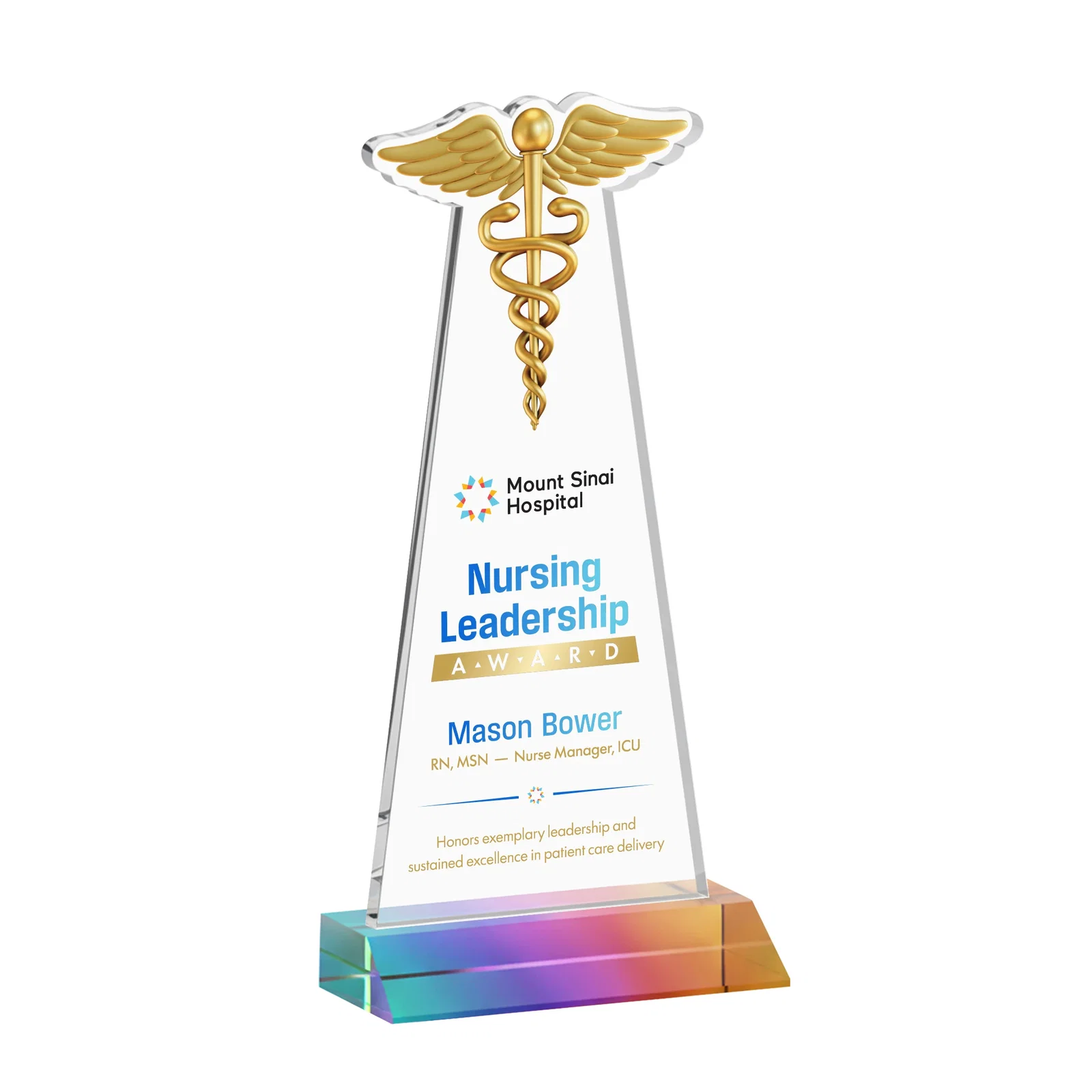 Custom printed Starfire Crystal Caduceus Award for graduation ceremonies