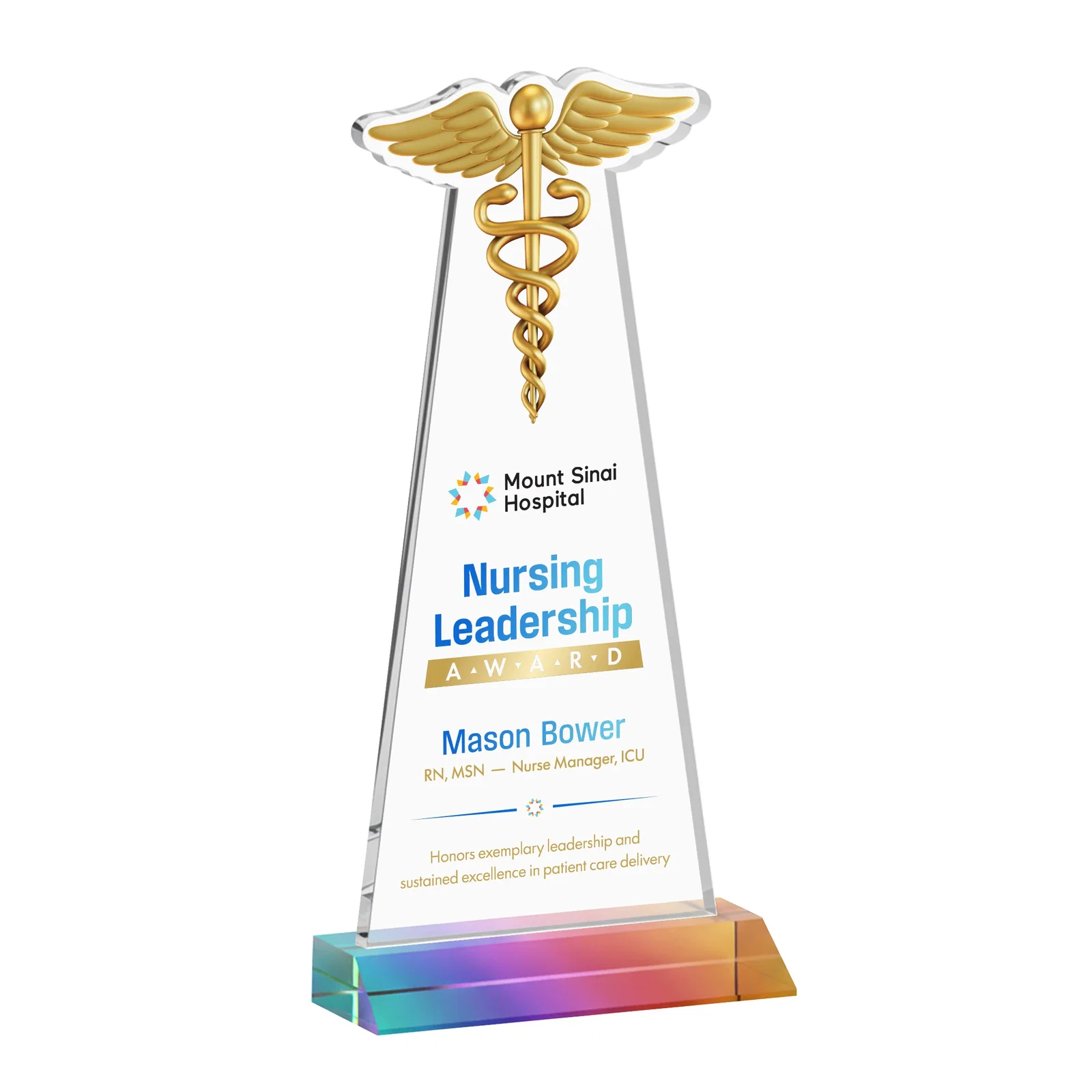 Custom printed Starfire Crystal Caduceus Award for safety achievement programs