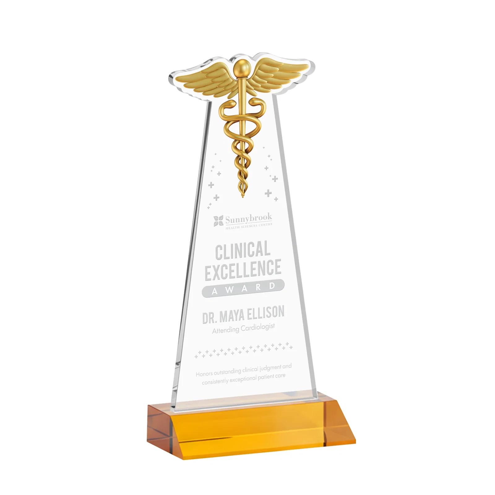 Custom Starfire Crystal Caduceus Award for donor appreciation