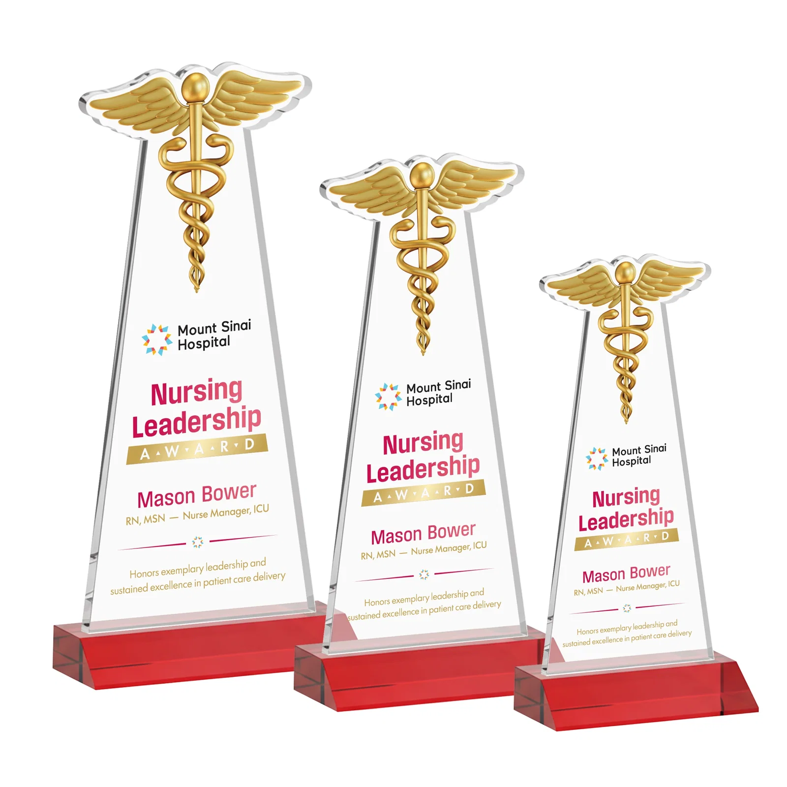 Custom printed Starfire Crystal Caduceus Award for volunteer appreciation