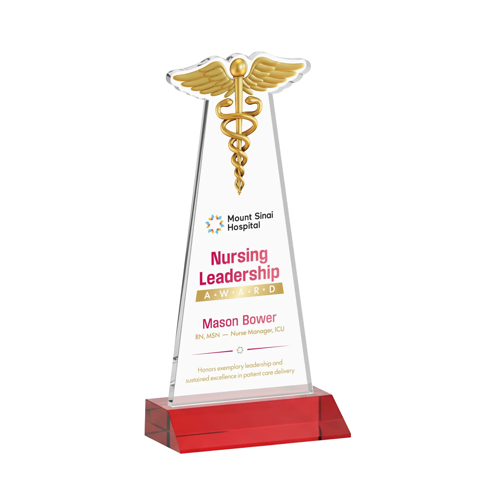 Custom printed Starfire Crystal Caduceus Award for dealer and partner awards