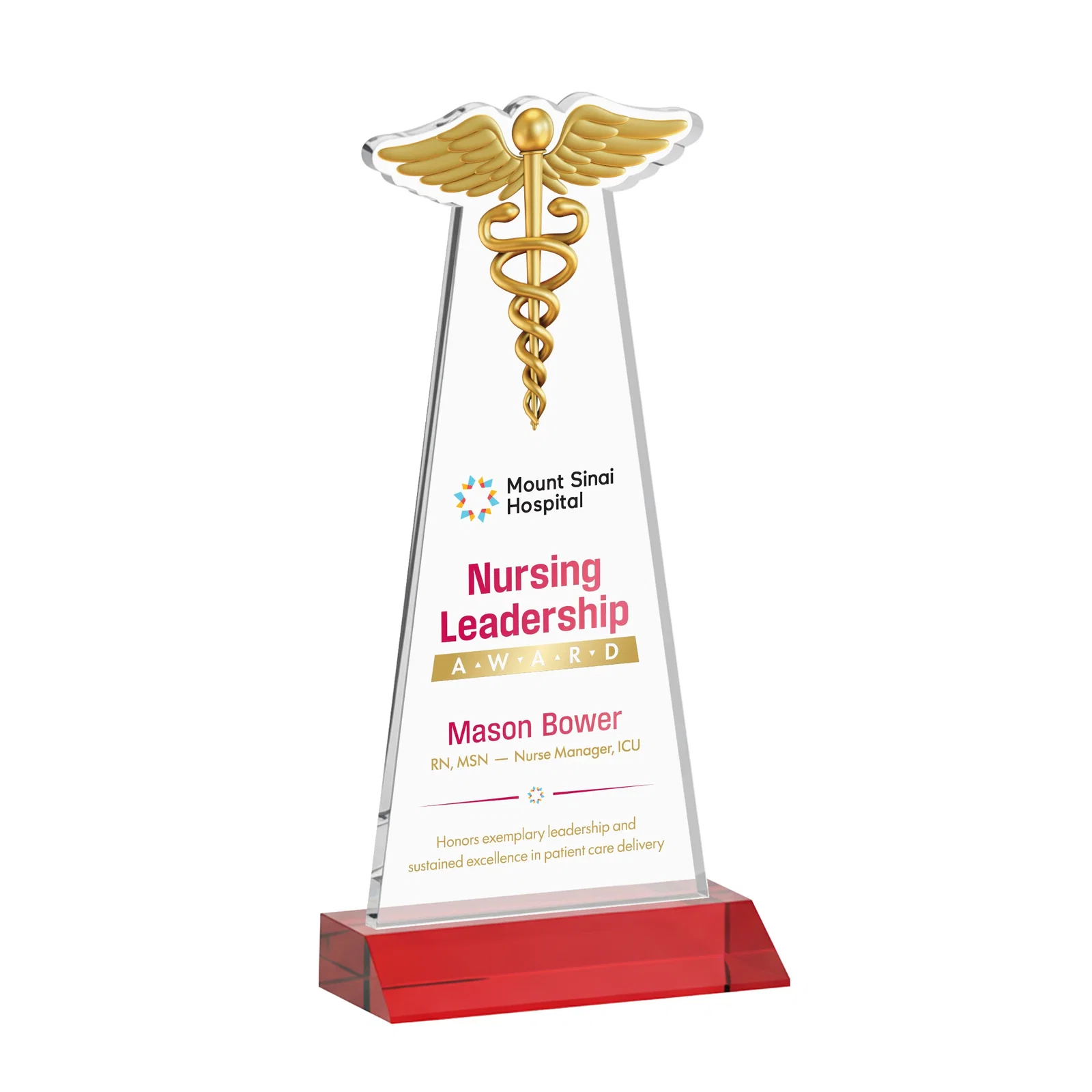 Custom printed Starfire Crystal Caduceus Award for company anniversary events