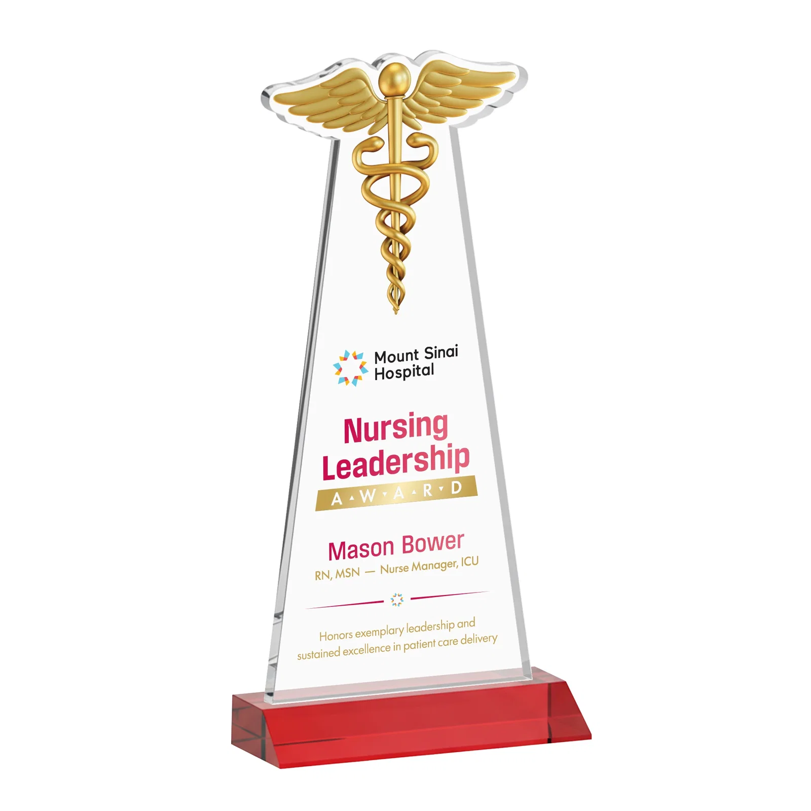 Customized Starfire Crystal Caduceus Award for employee recognition
