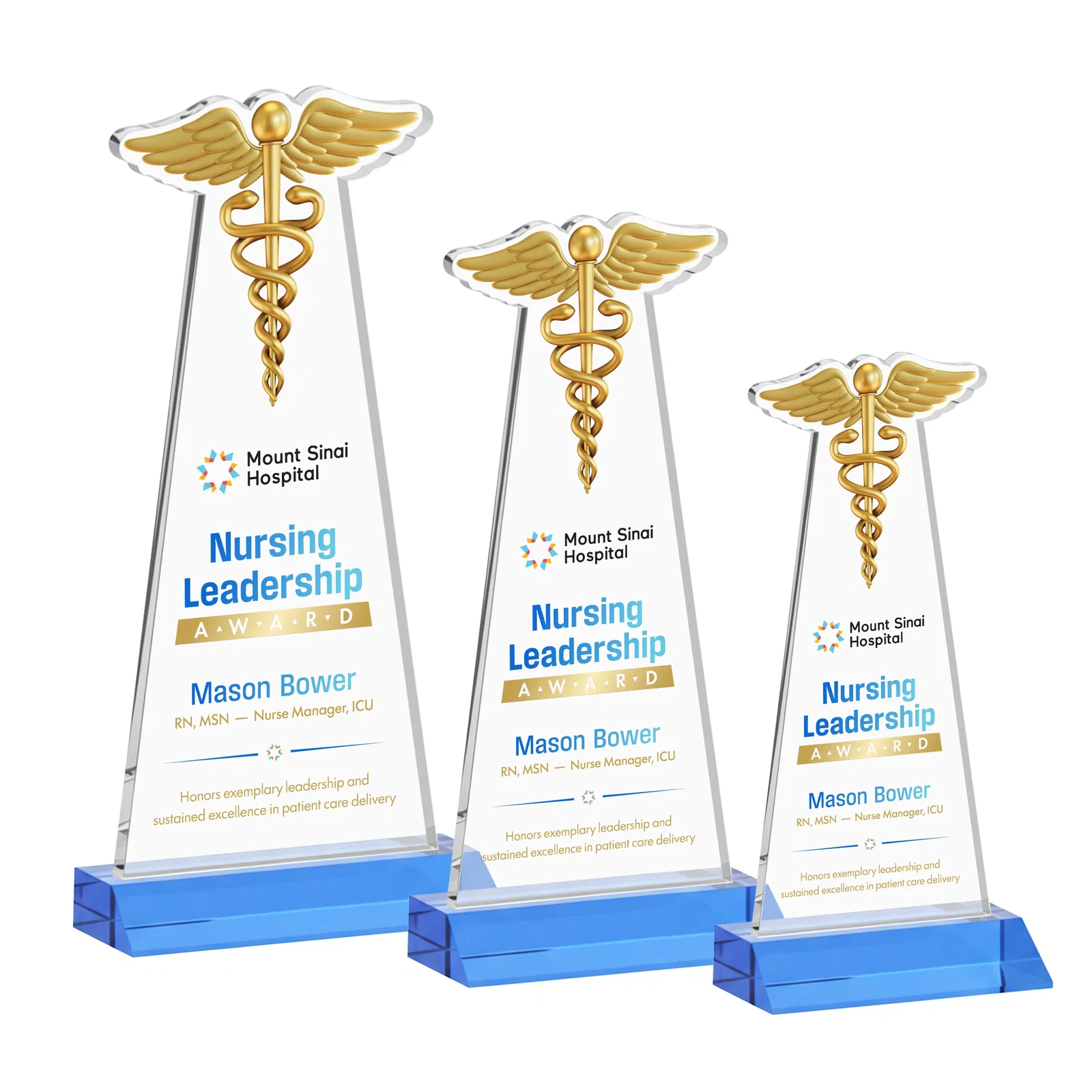 Customized Starfire Crystal Caduceus Award for corporate award ceremonies