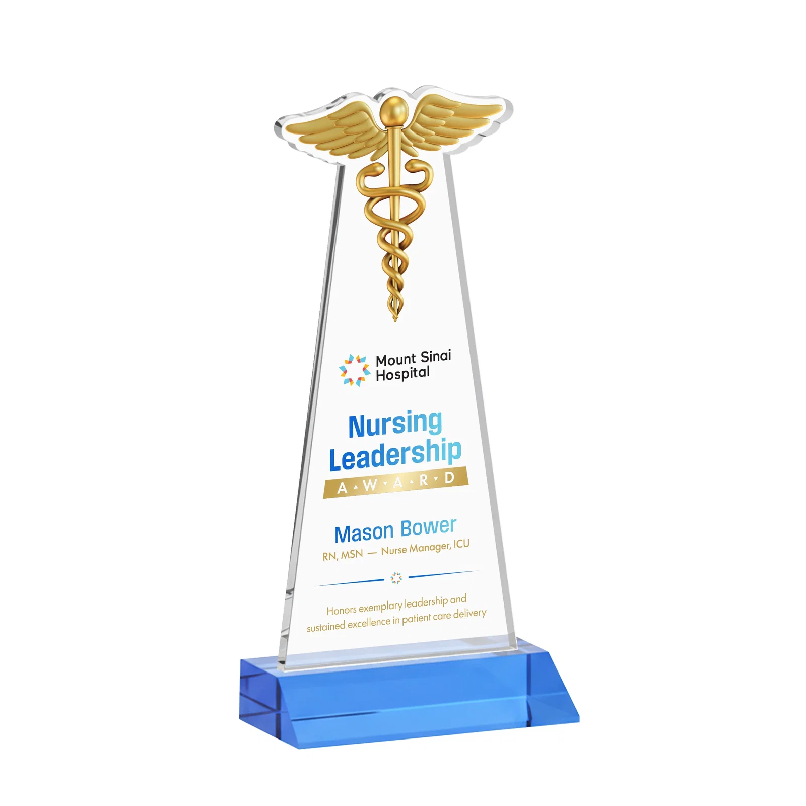 Customized Starfire Crystal Caduceus Award for service anniversary gifts
